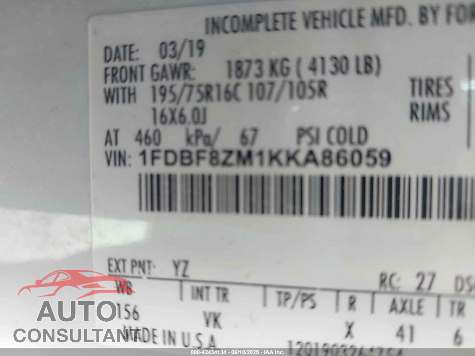 FORD TRANSIT-350 CAB 2019 - 1FDBF8ZM1KKA86059