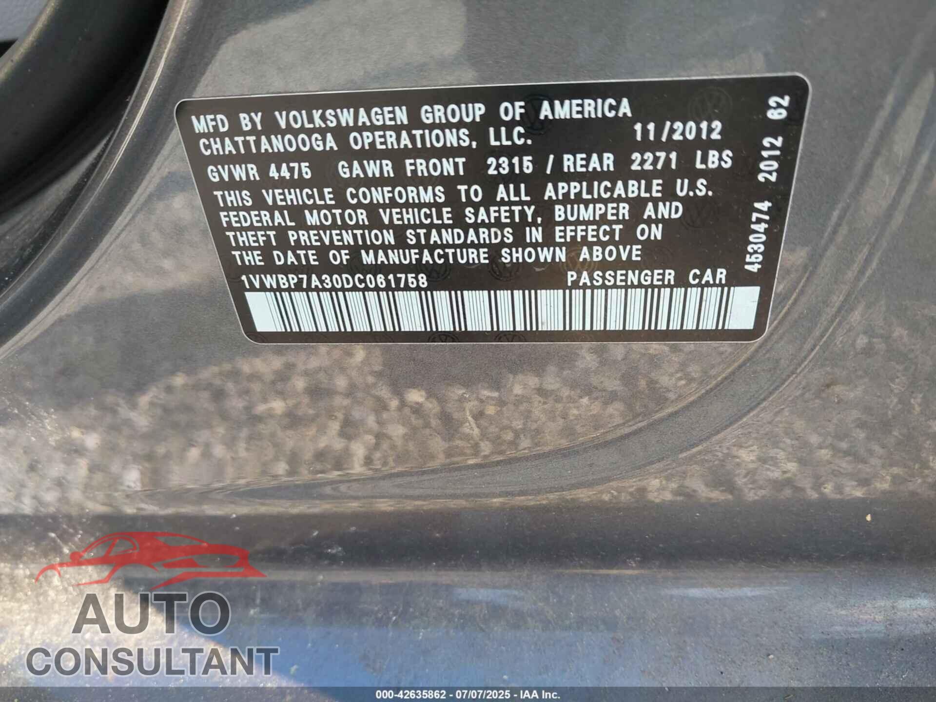 VOLKSWAGEN PASSAT 2013 - 1VWBP7A30DC061758