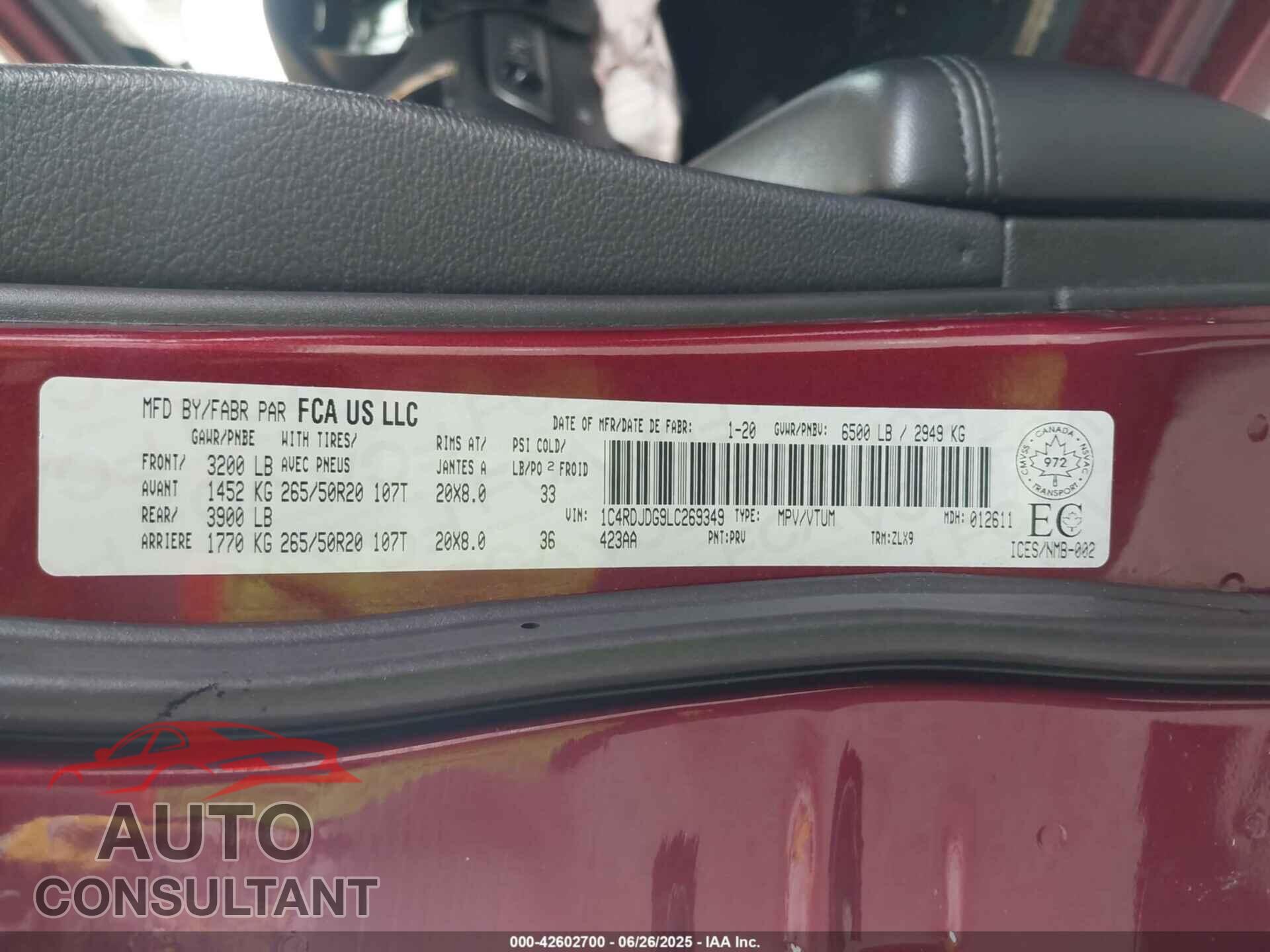 DODGE DURANGO 2020 - 1C4RDJDG9LC269349