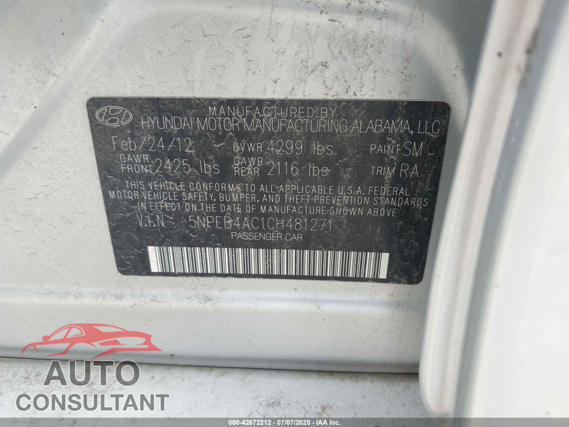 HYUNDAI SONATA 2012 - 5NPEB4AC1CH481271
