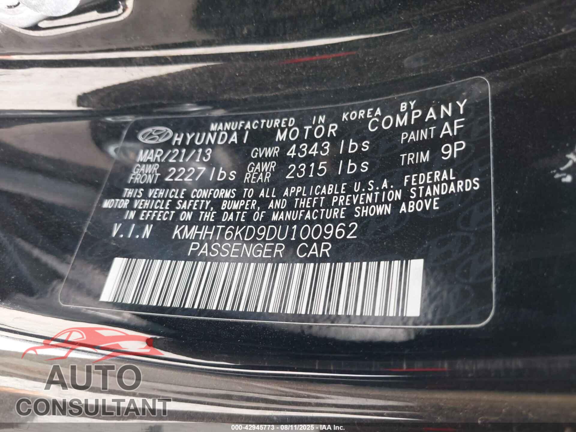 HYUNDAI GENESIS 2013 - KMHHT6KD9DU100962