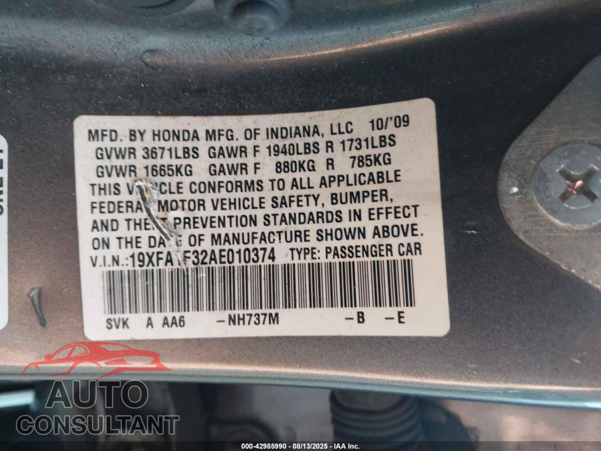 HONDA CIVIC 2010 - 19XFA1F32AE010374