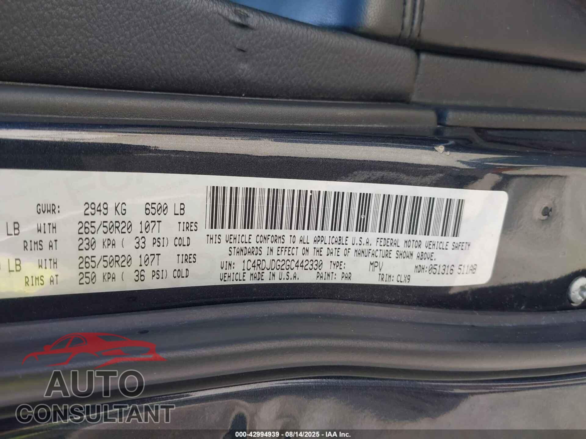 DODGE DURANGO 2016 - 1C4RDJDG2GC442330