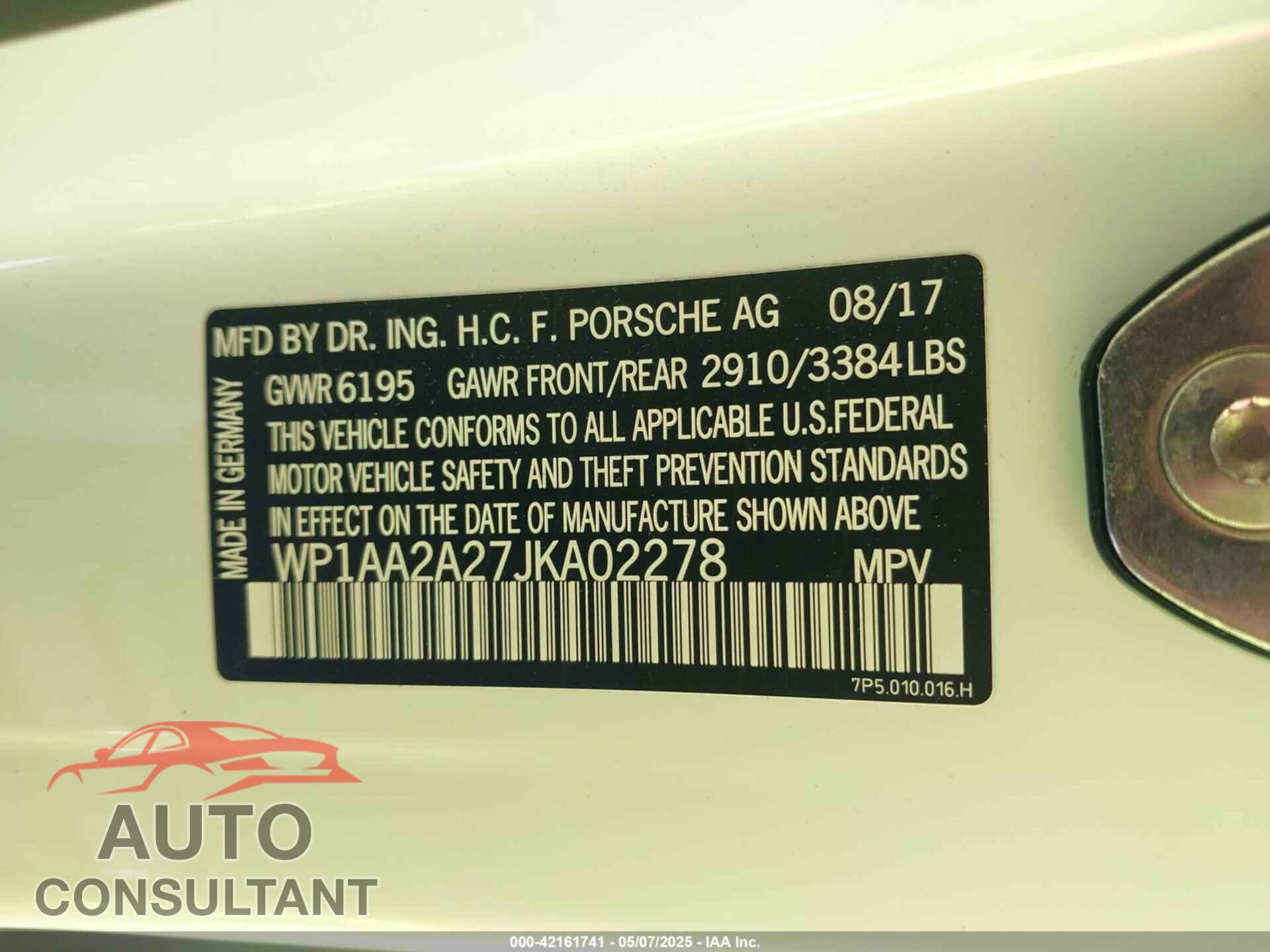 PORSCHE CAYENNE 2018 - WP1AA2A27JKA02278