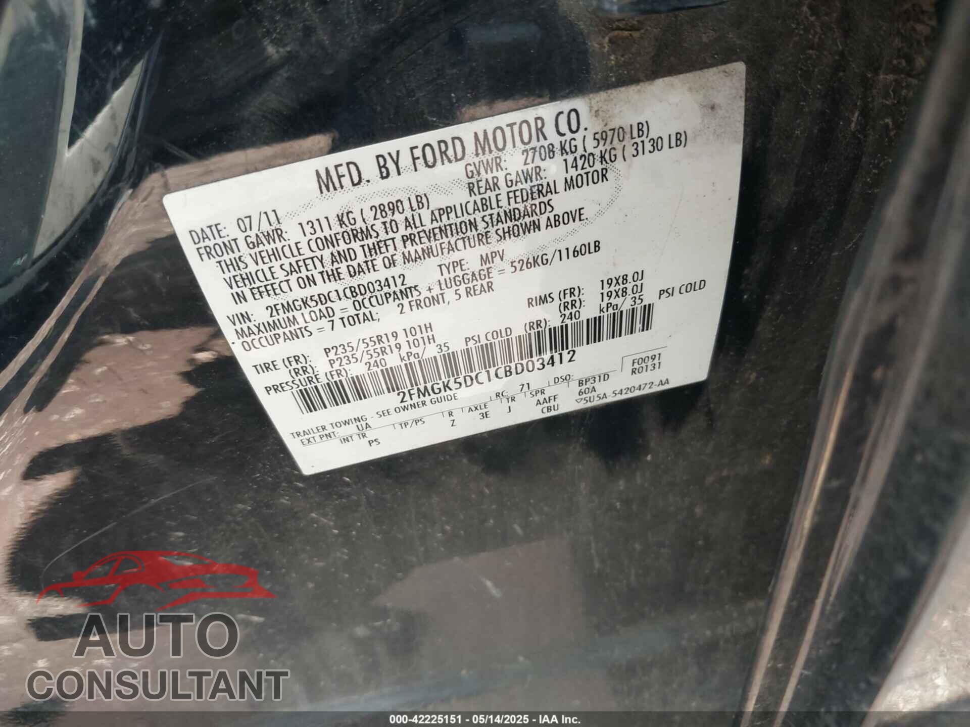 FORD FLEX 2012 - 2FMGK5DC1CBD03412