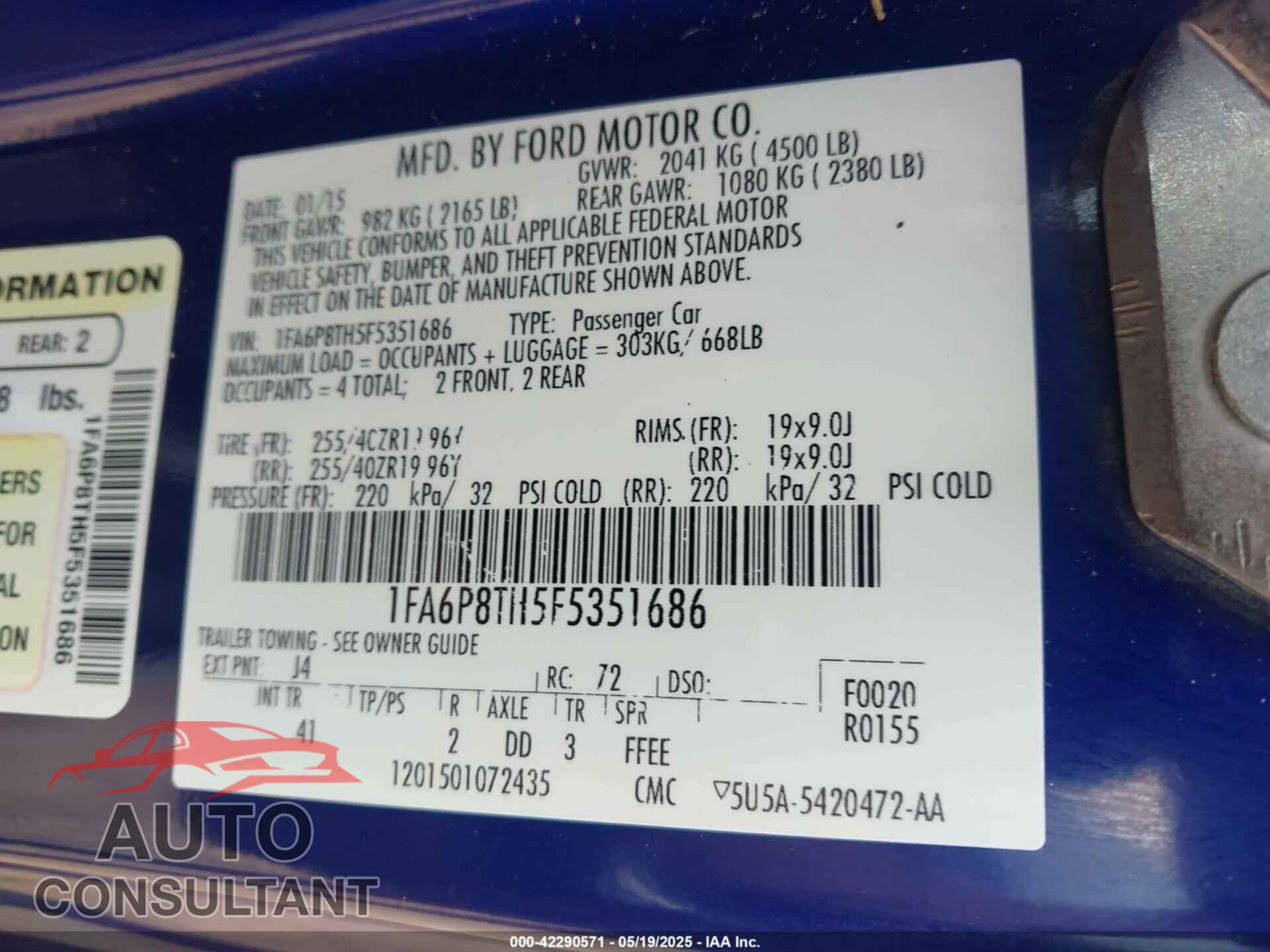 FORD MUSTANG 2015 - 1FA6P8TH5F5351686