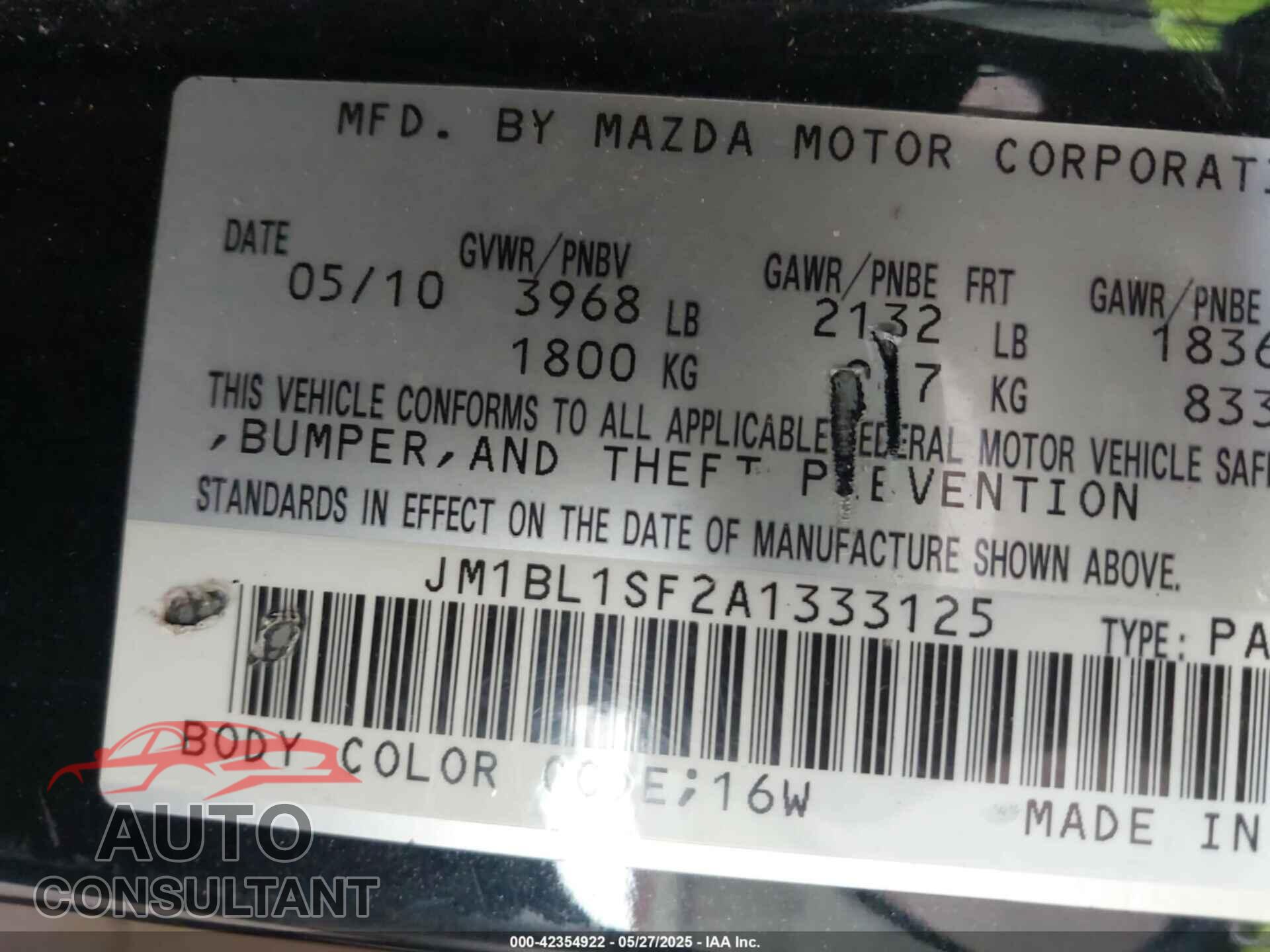 MAZDA MAZDA3 2010 - JM1BL1SF2A1333125
