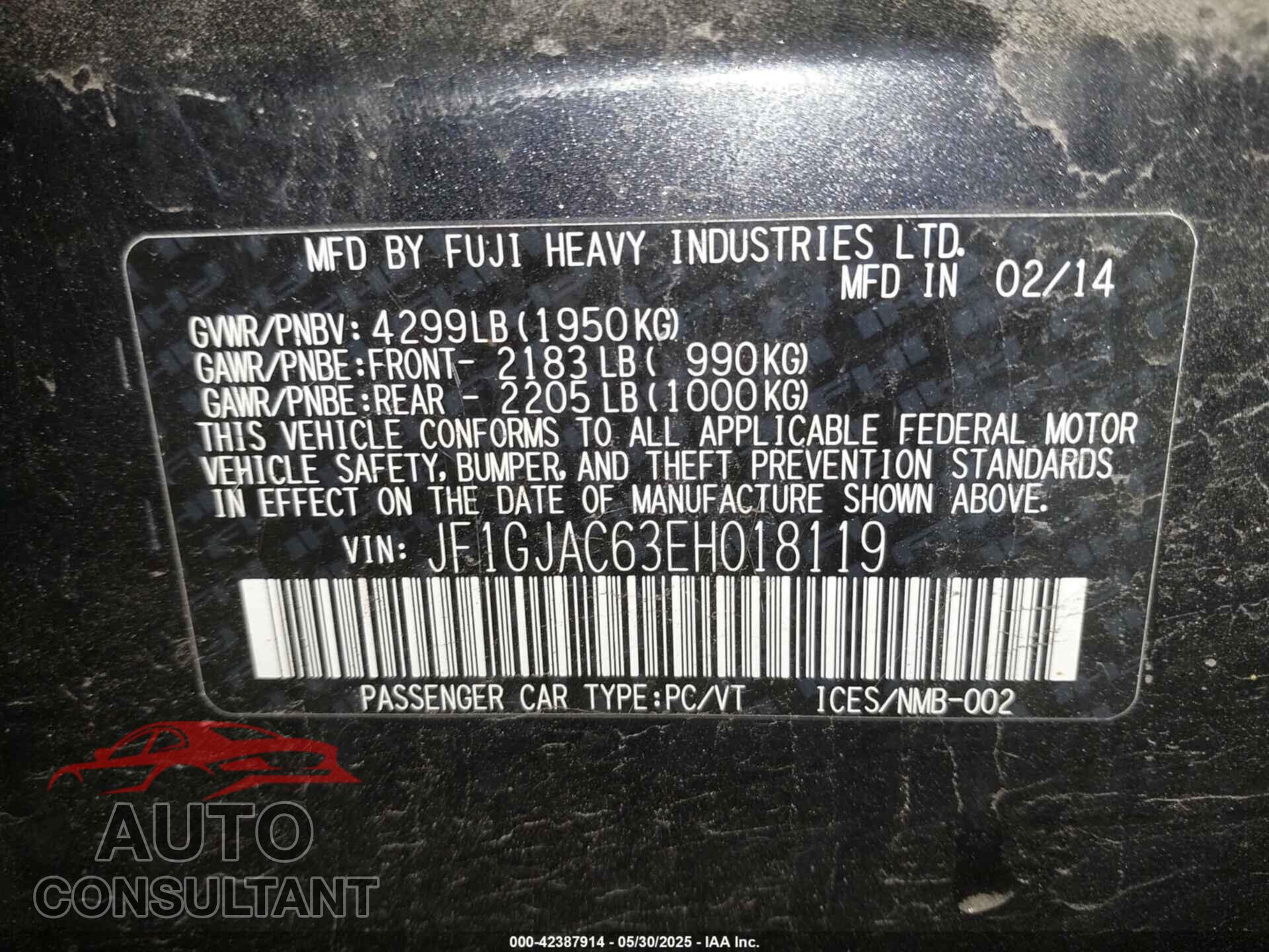 SUBARU IMPREZA 2014 - JF1GJAC63EH018119