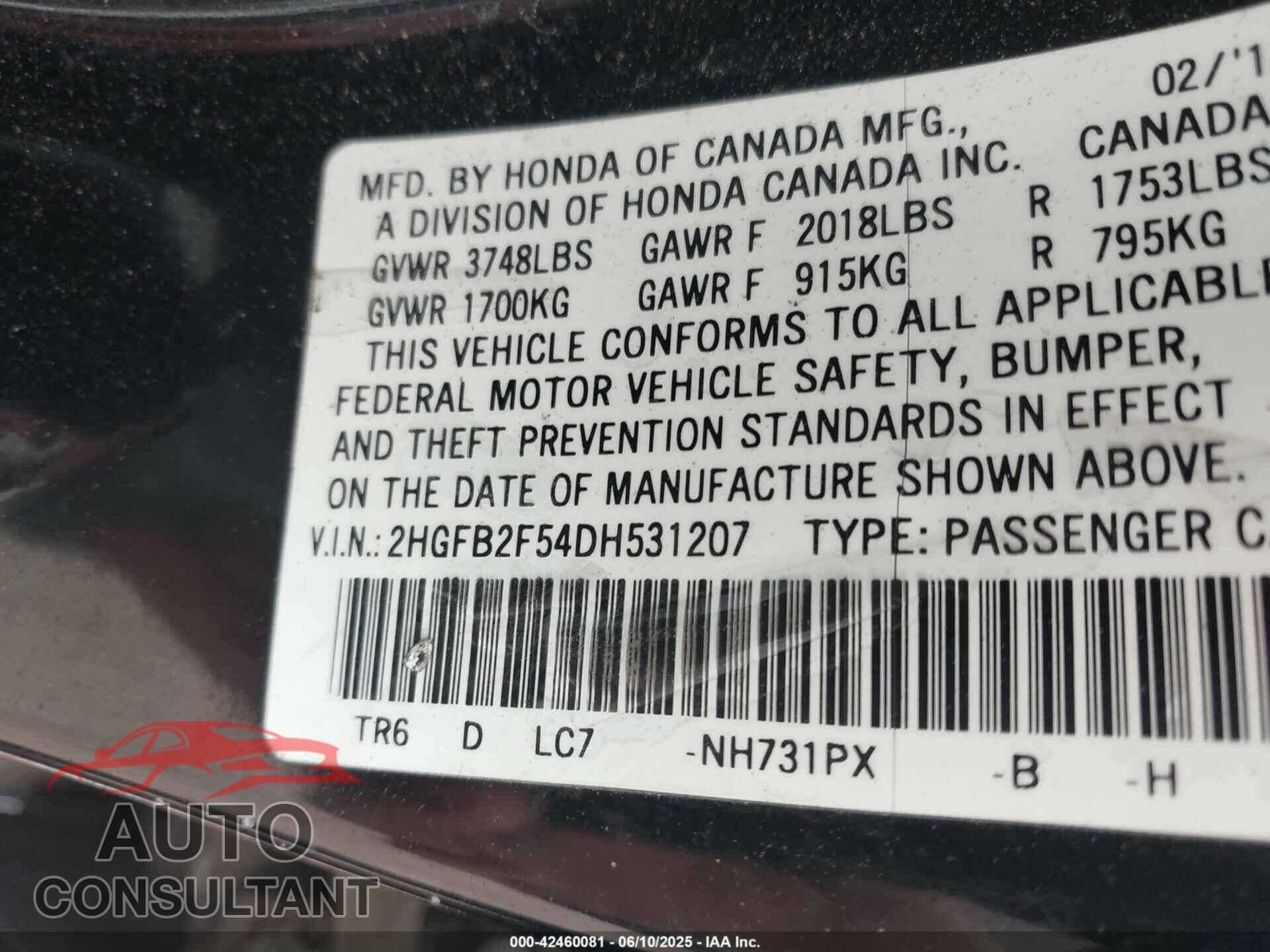 HONDA CIVIC 2013 - 2HGFB2F54DH531207