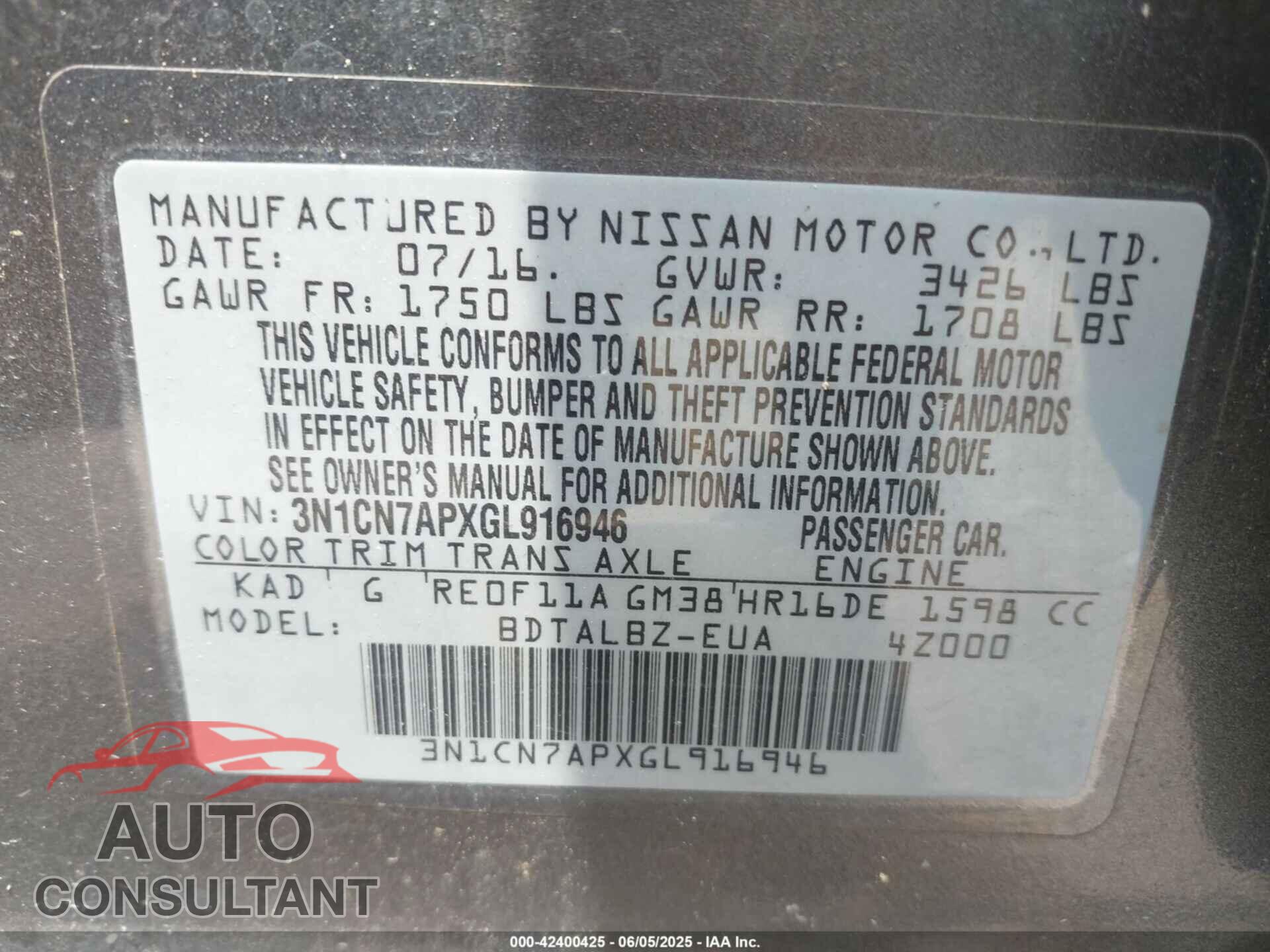 NISSAN VERSA 2016 - 3N1CN7APXGL916946