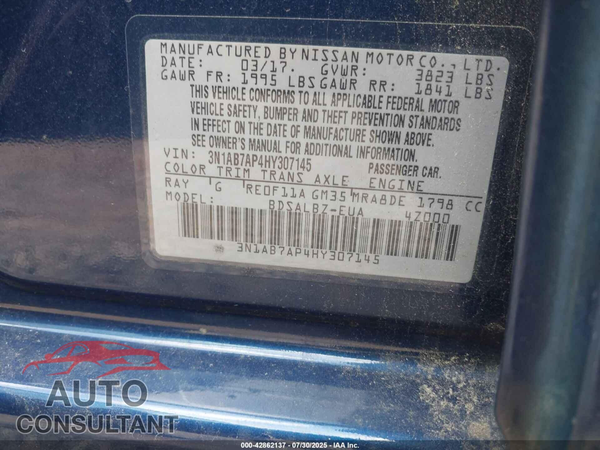 NISSAN SENTRA 2017 - 3N1AB7AP4HY307145