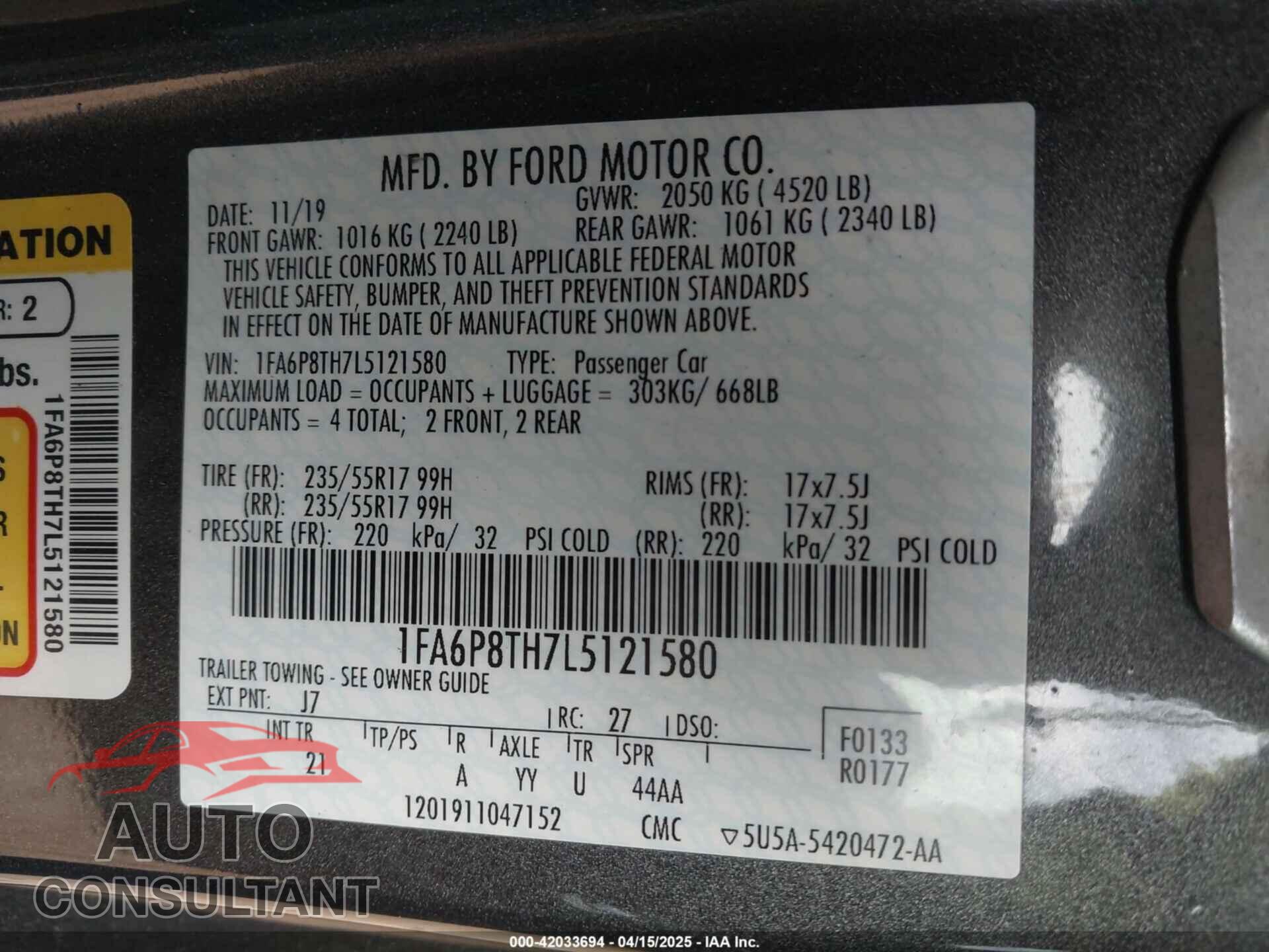 FORD MUSTANG 2020 - 1FA6P8TH7L5121580