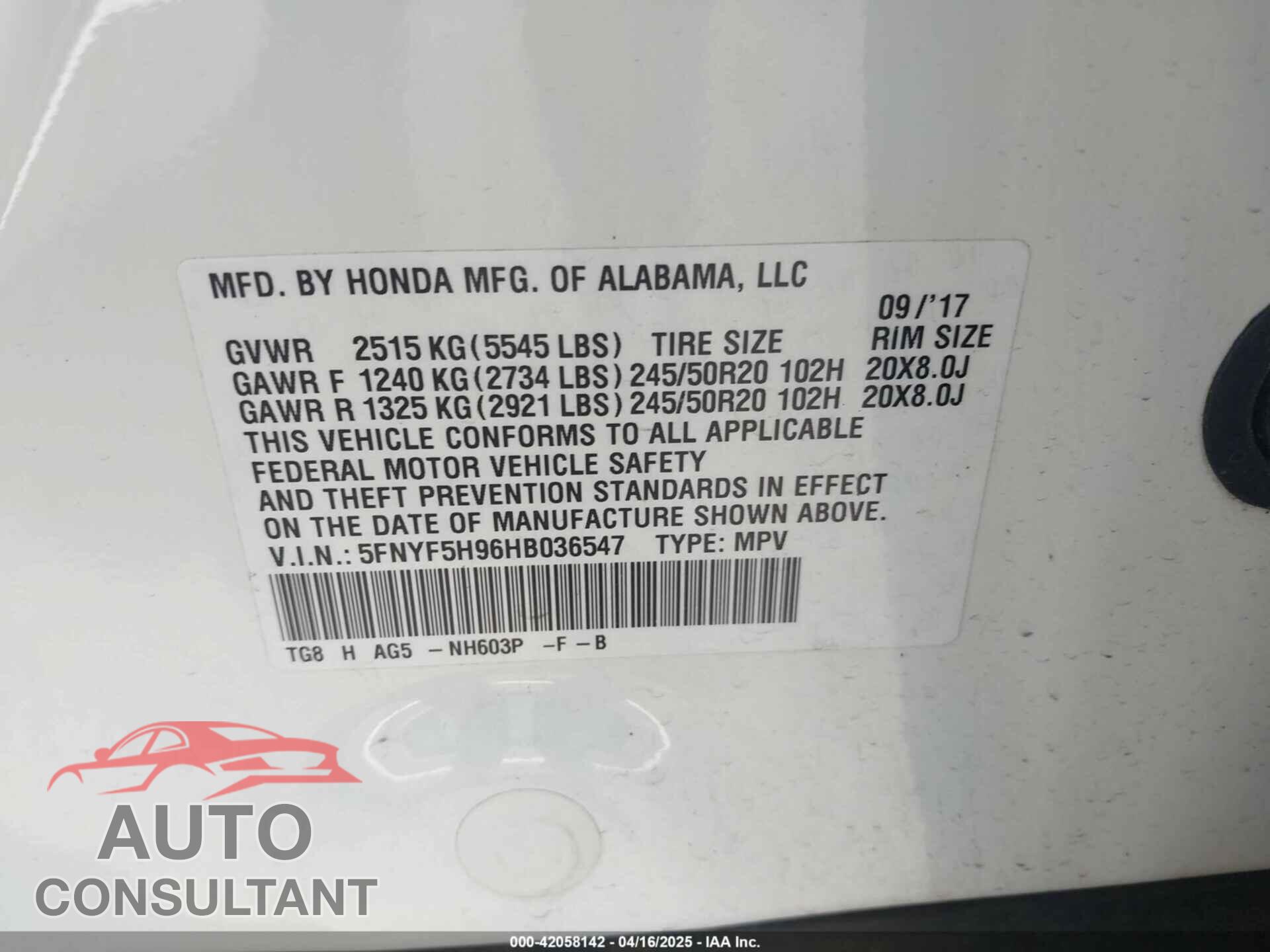 HONDA PILOT 2017 - 5FNYF5H96HB036547