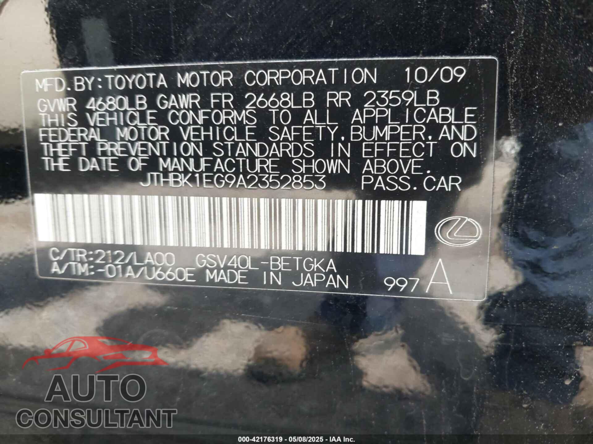 LEXUS ES 350 2010 - JTHBK1EG9A2352853