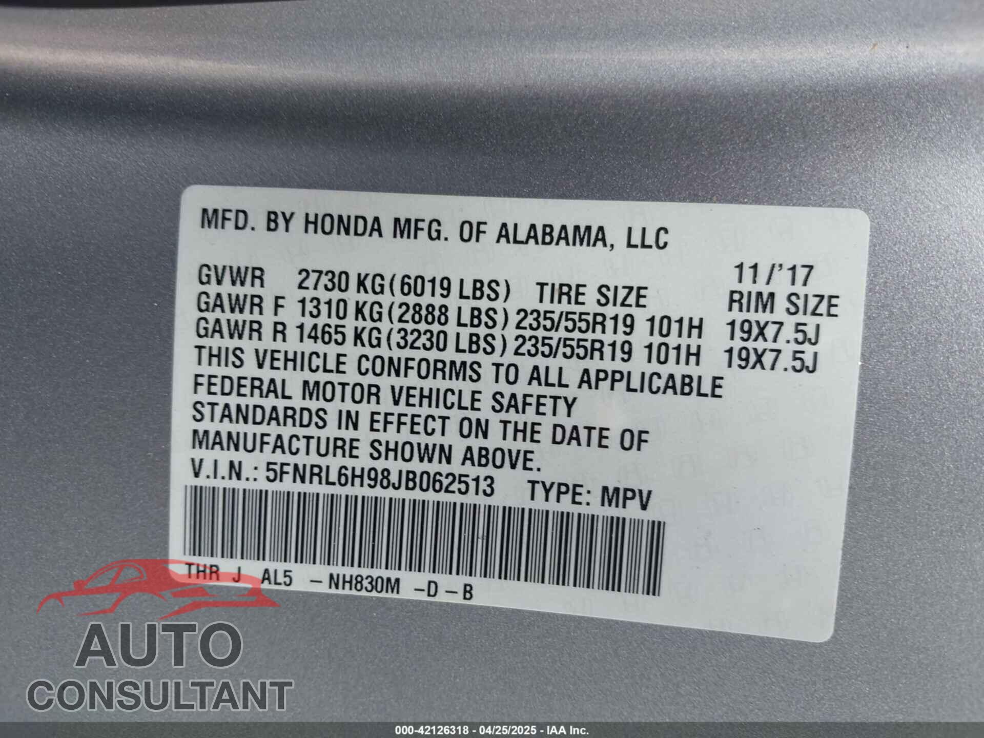 HONDA ODYSSEY 2018 - 5FNRL6H98JB062513
