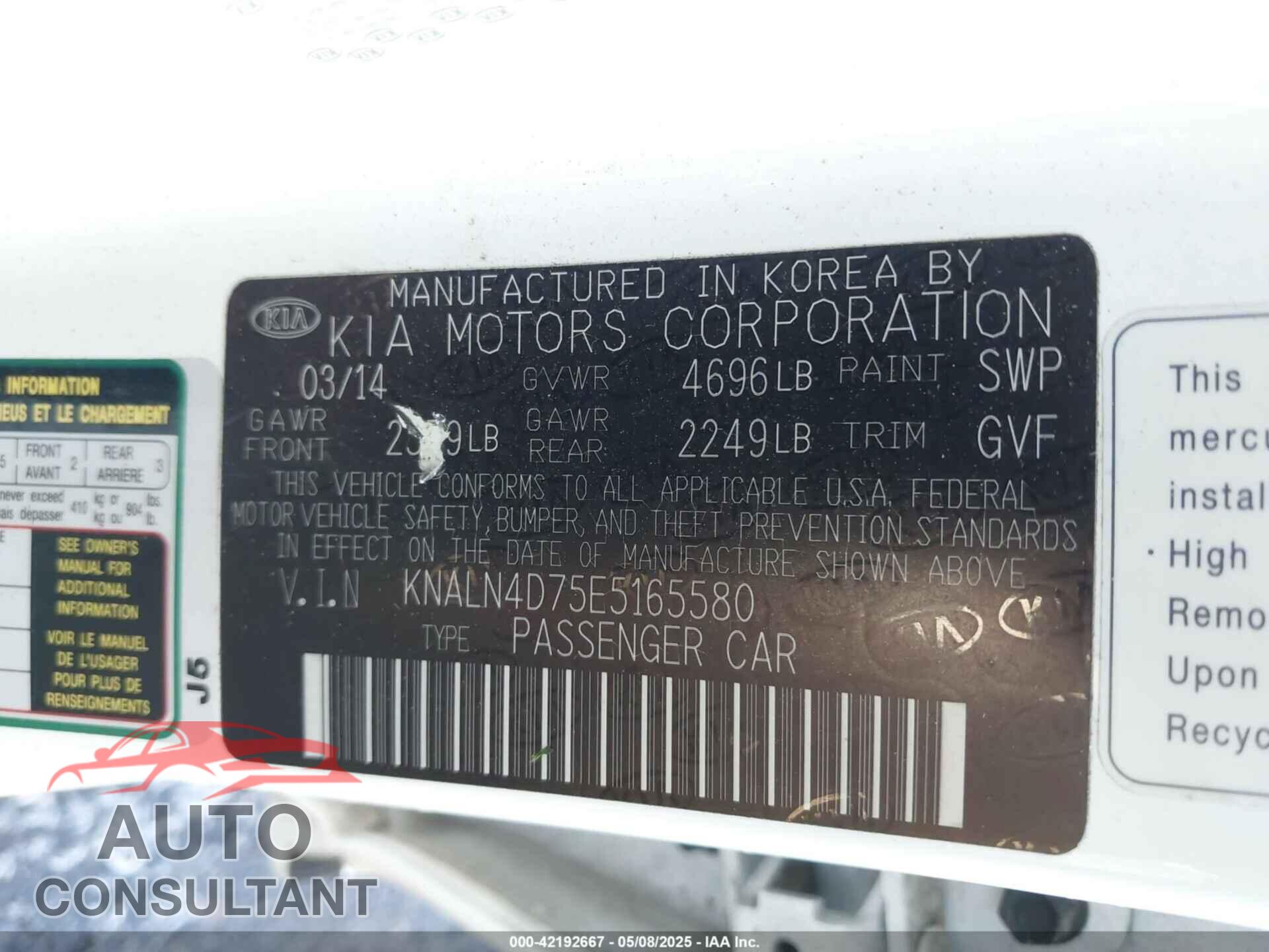 KIA CADENZA 2014 - KNALN4D75E5165580