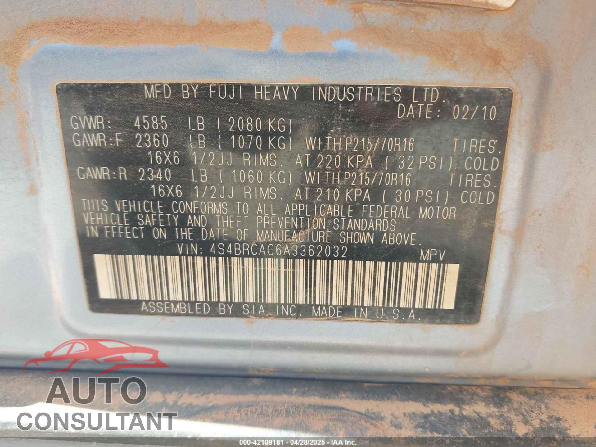 SUBARU OUTBACK 2010 - 4S4BRCAC6A3362032