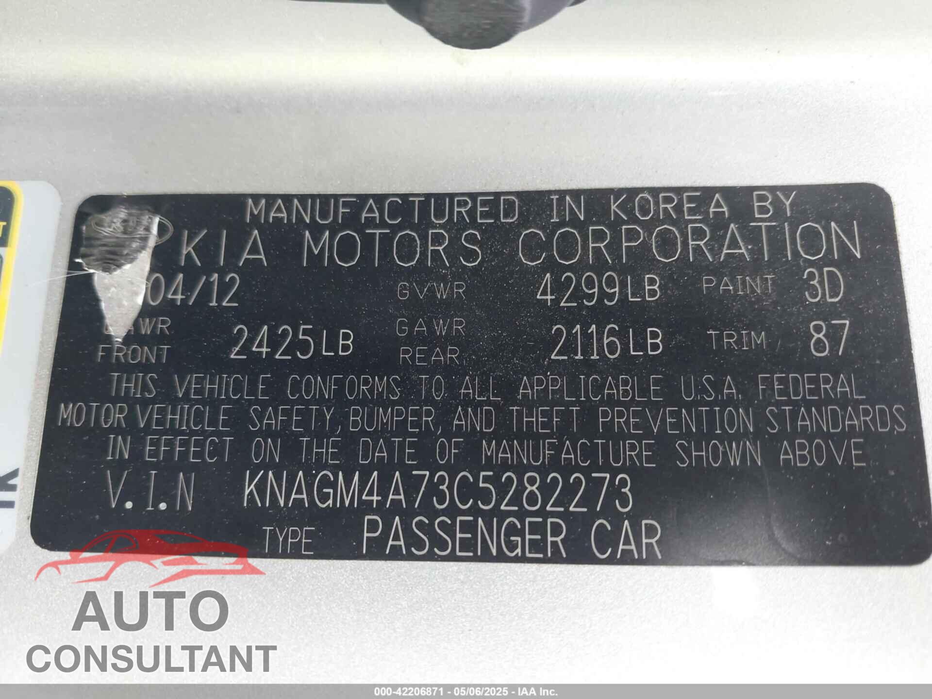 KIA OPTIMA 2012 - KNAGM4A73C5282273