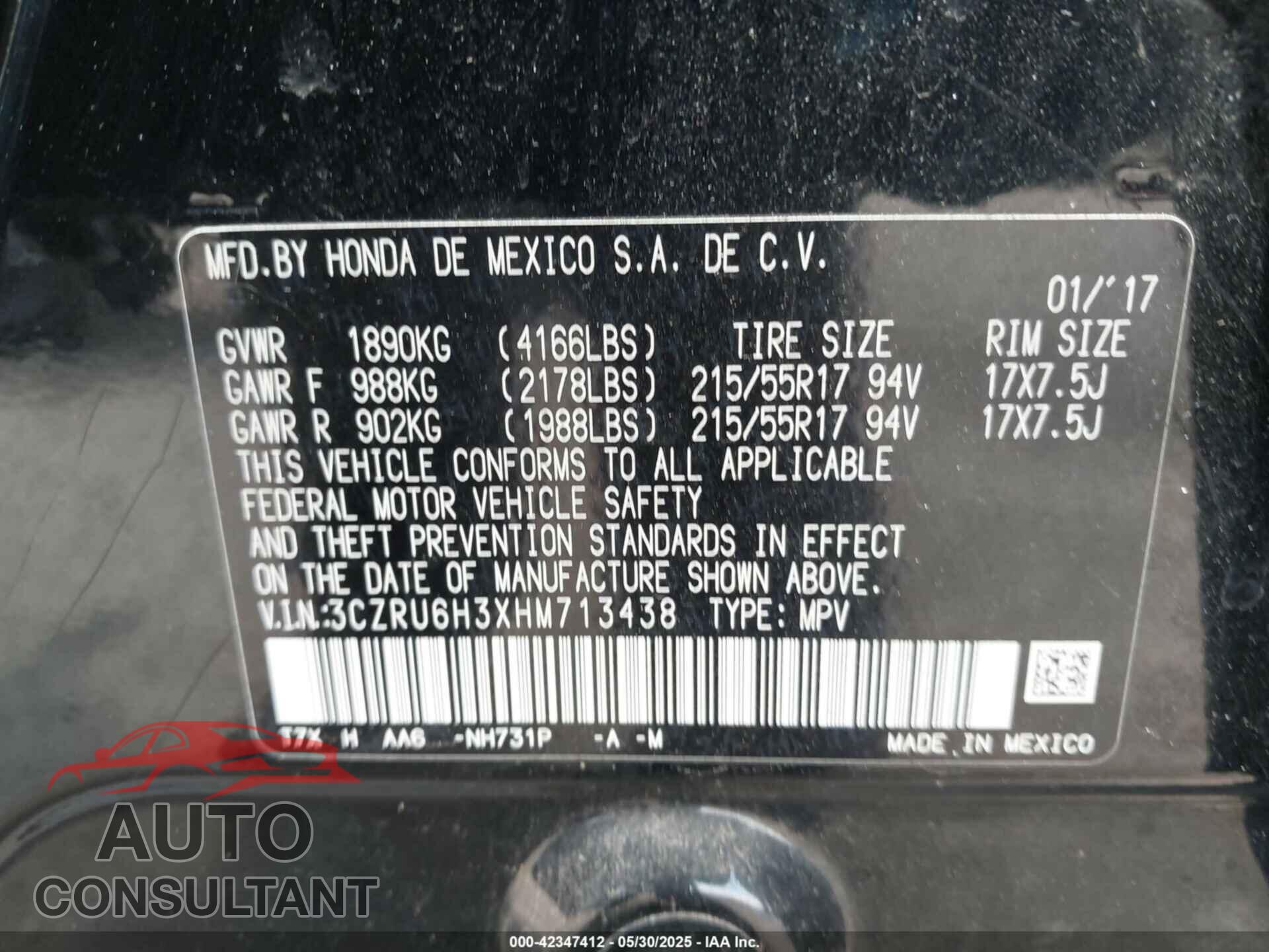 HONDA HR-V 2017 - 3CZRU6H3XHM713438