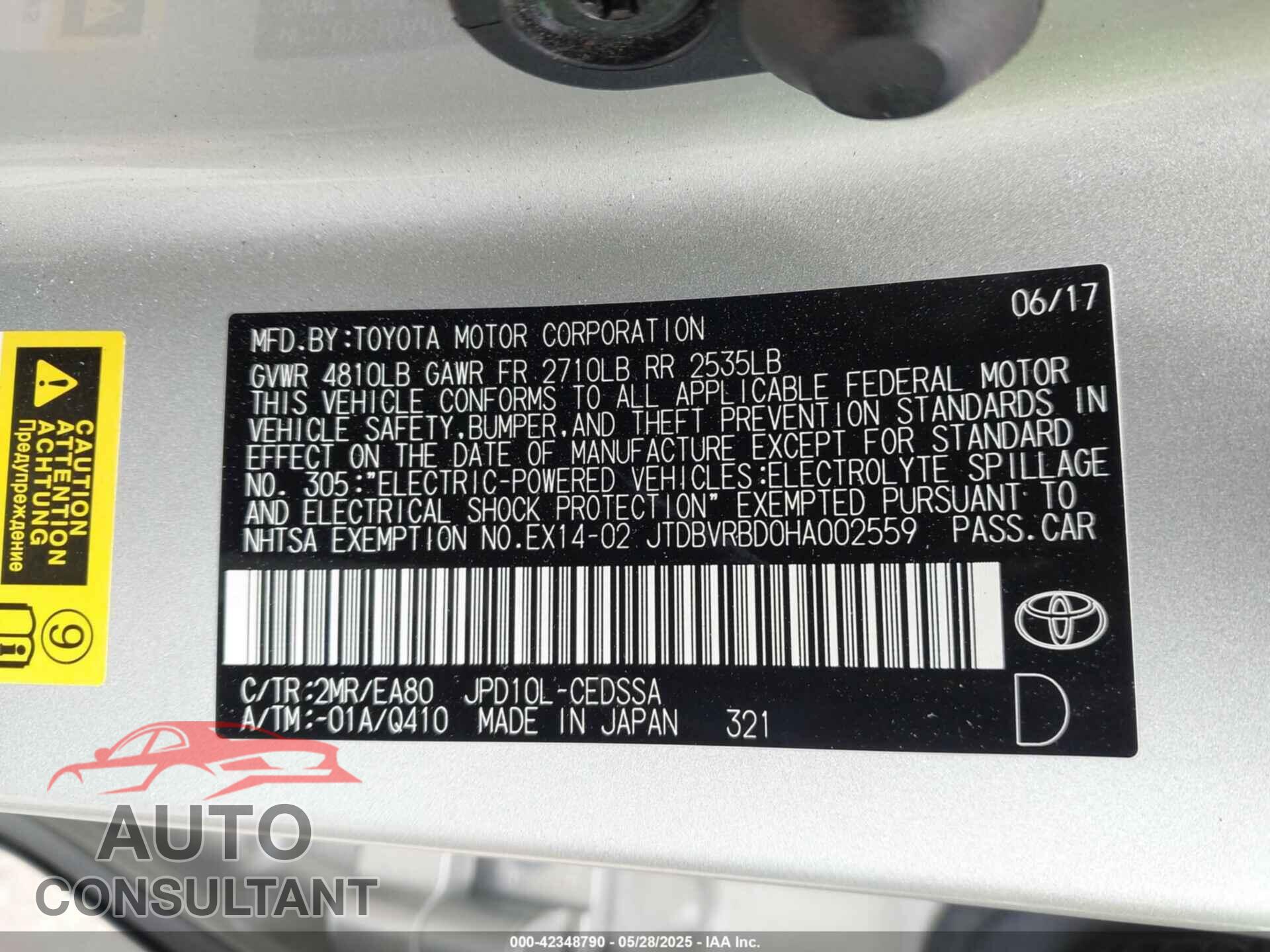 TOYOTA MIRAI 2017 - JTDBVRBD0HA002559