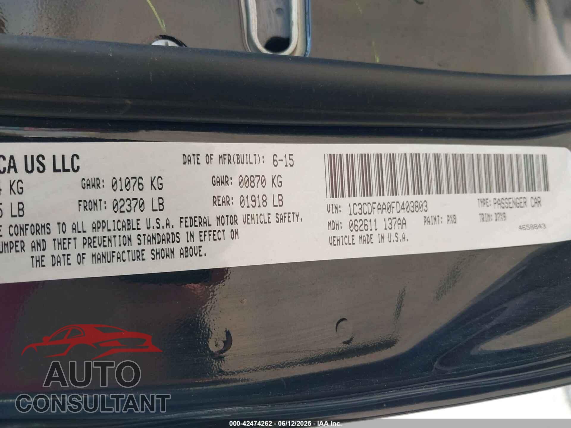 DODGE DART 2015 - 1C3CDFAA0FD403803