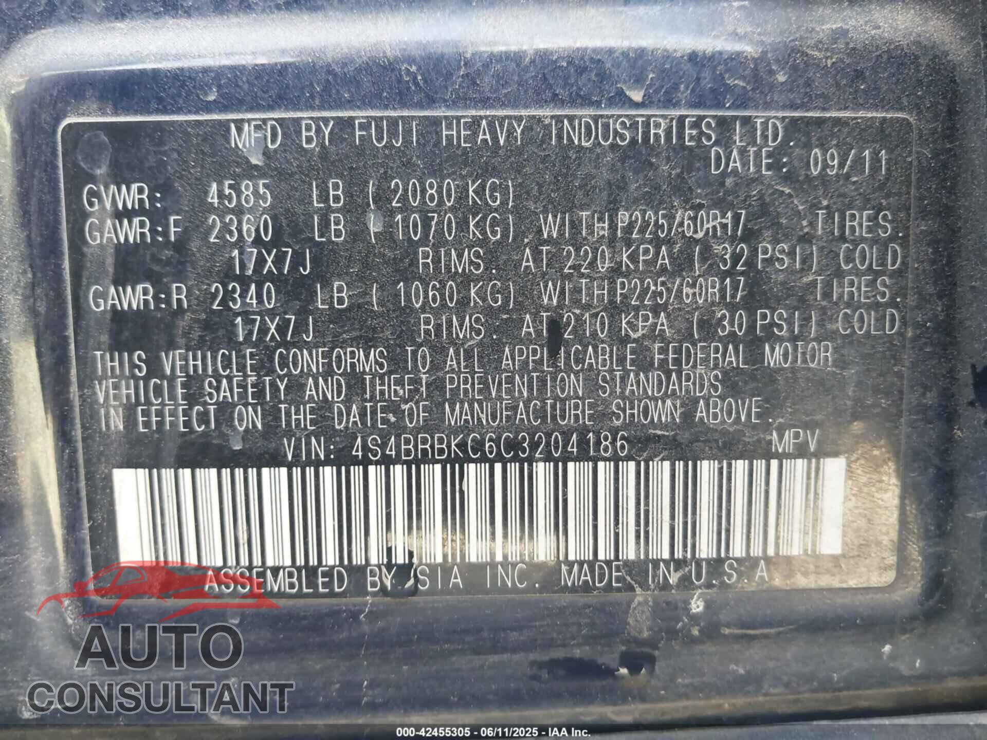 SUBARU OUTBACK 2012 - 4S4BRBKC6C3204186