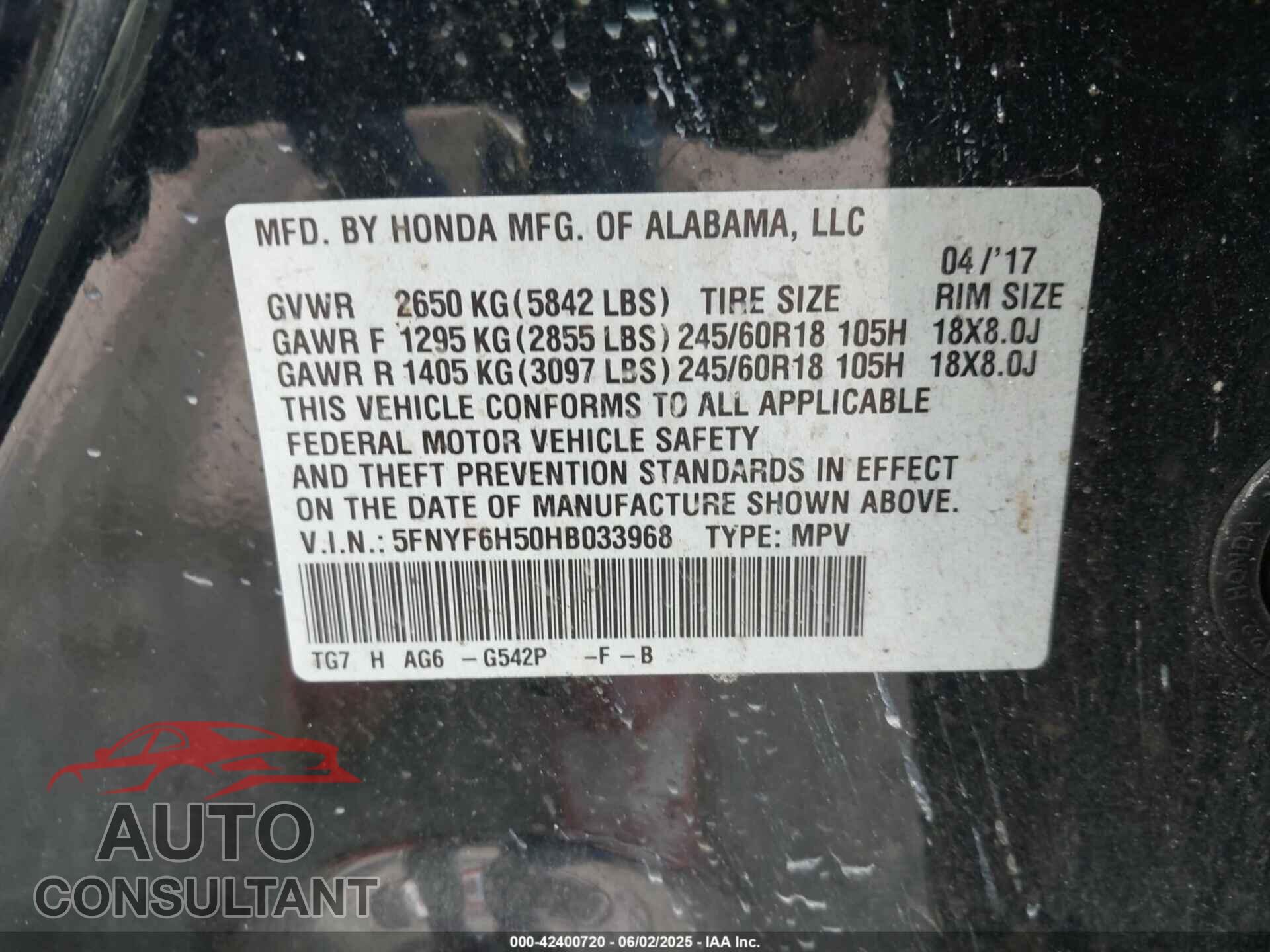 HONDA PILOT 2017 - 5FNYF6H50HB033968