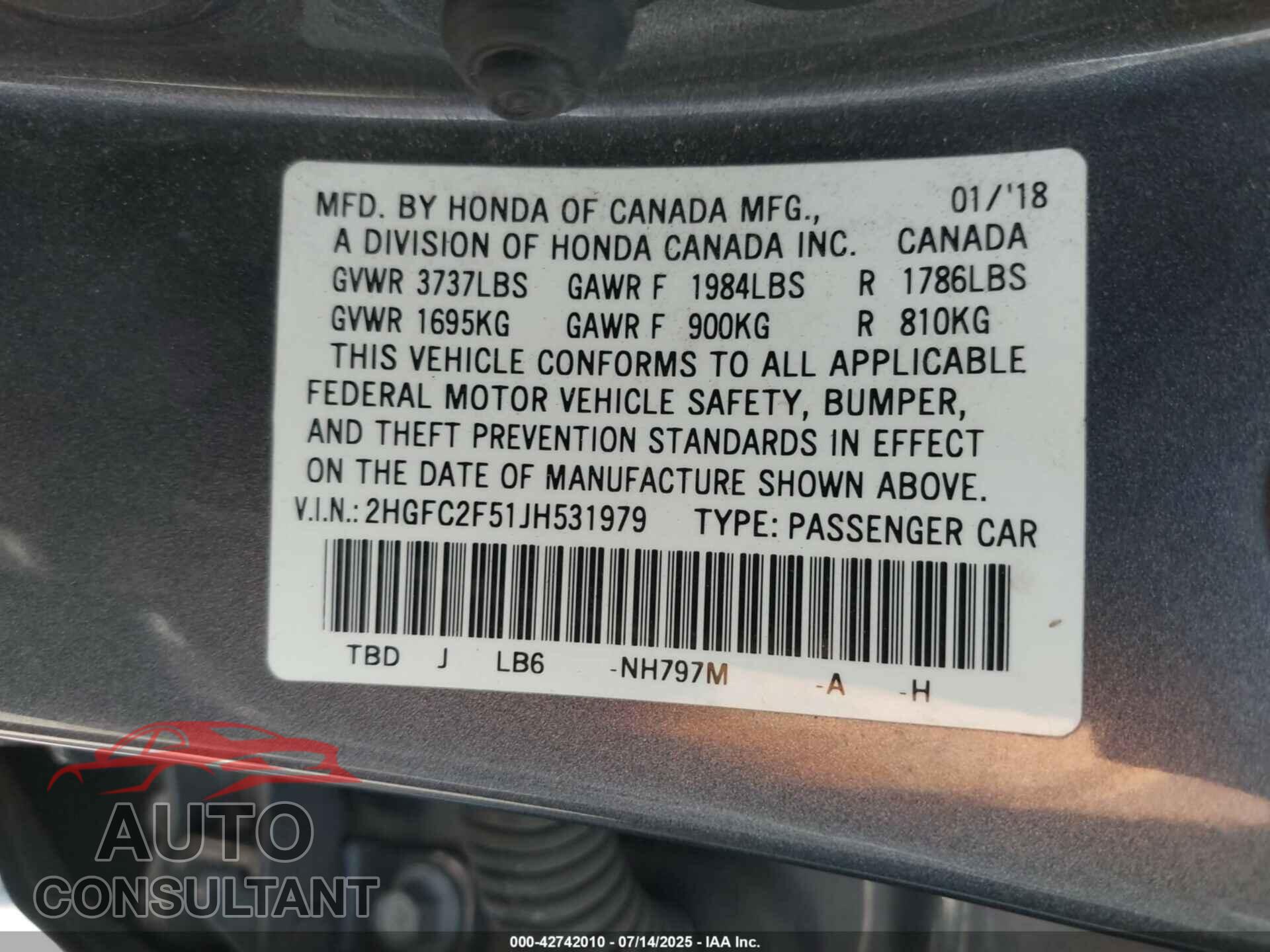 HONDA CIVIC 2018 - 2HGFC2F51JH531979