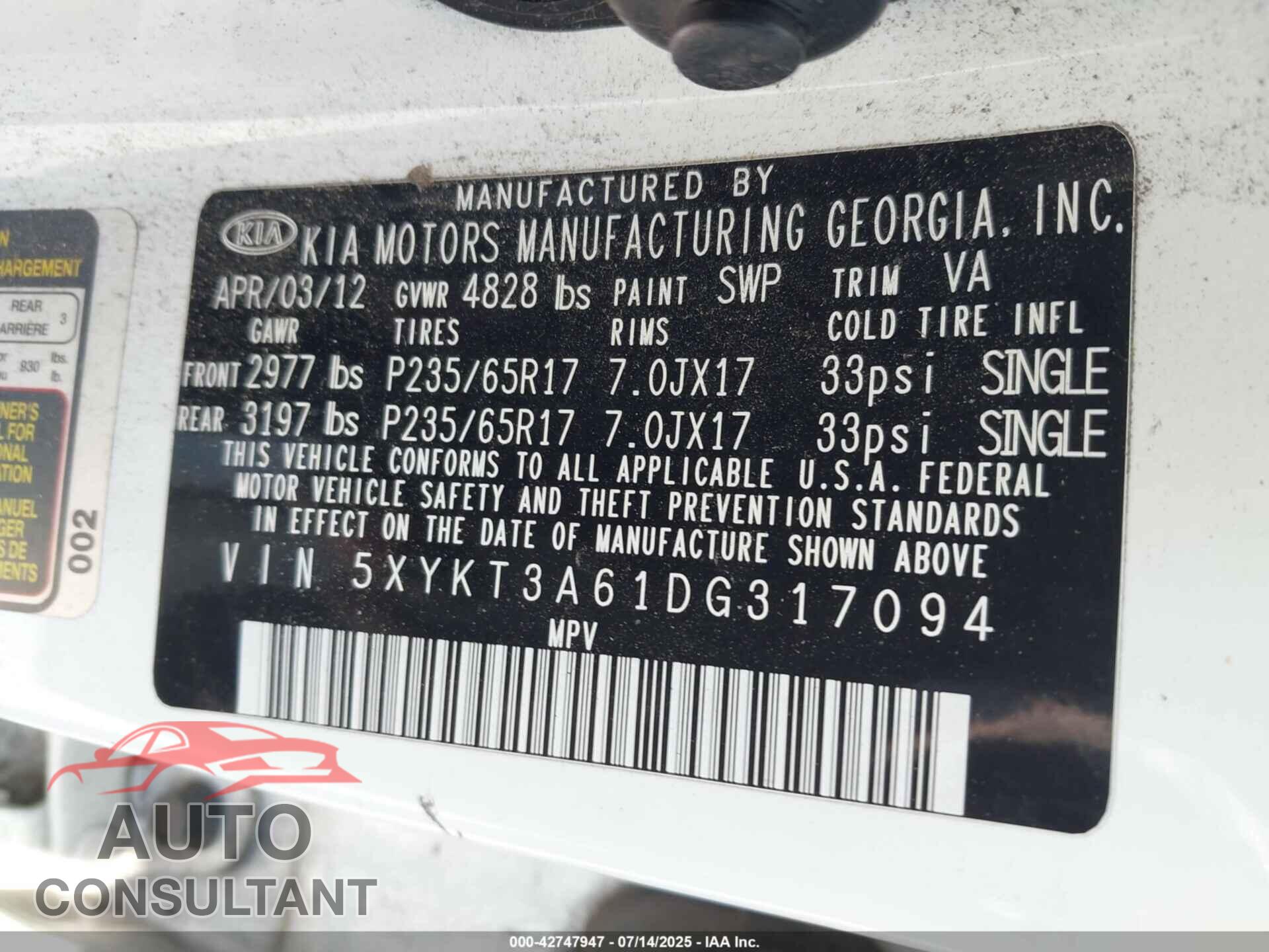 KIA SORENTO 2013 - 5XYKT3A61DG317094