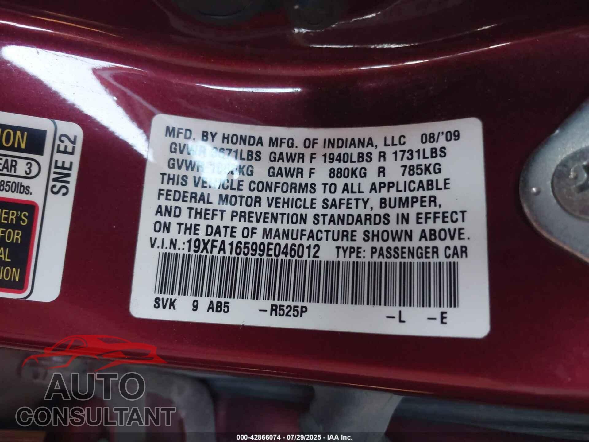 HONDA CIVIC 2009 - 19XFA16599E046012