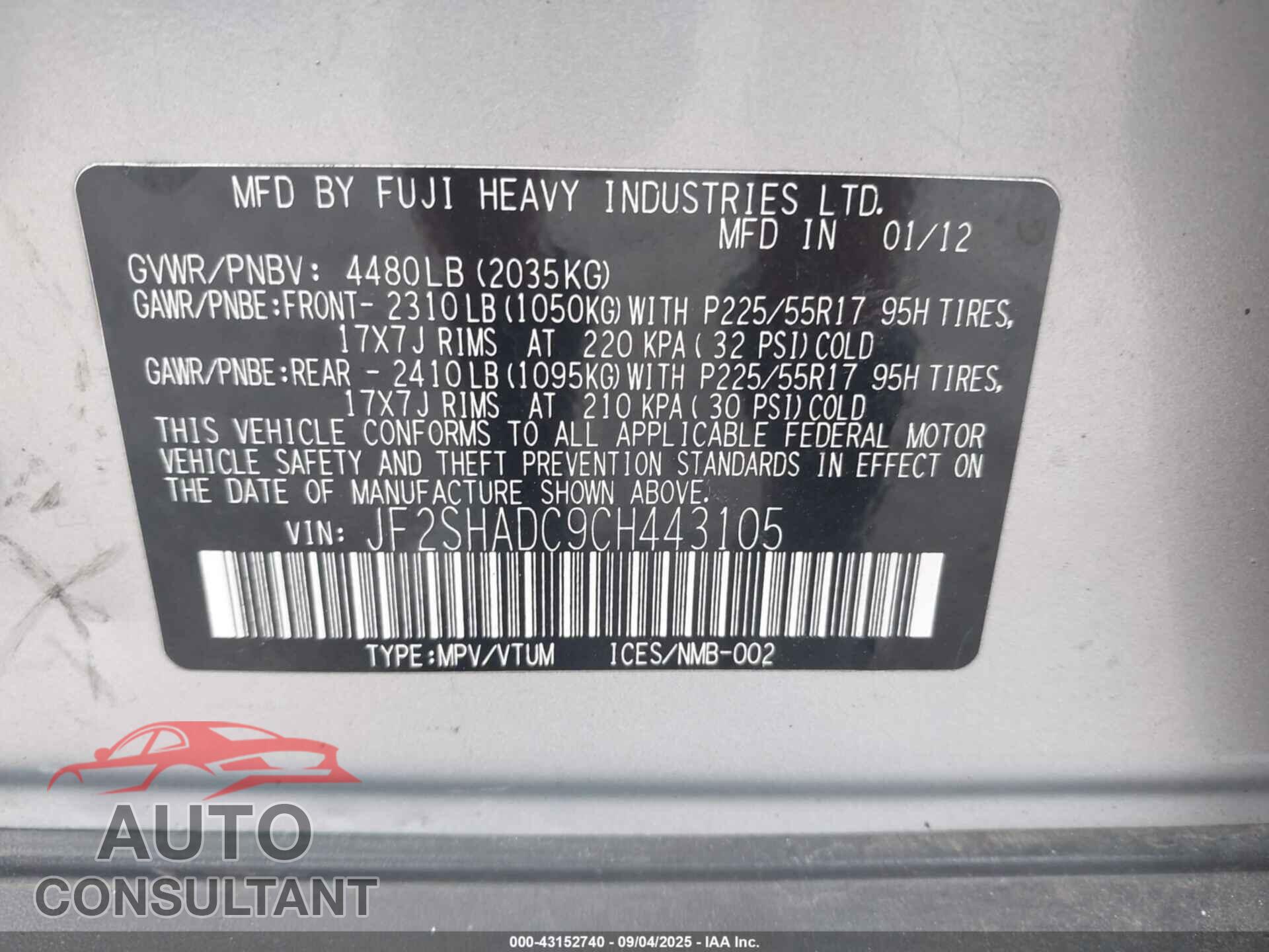 SUBARU FORESTER 2012 - JF2SHADC9CH443105