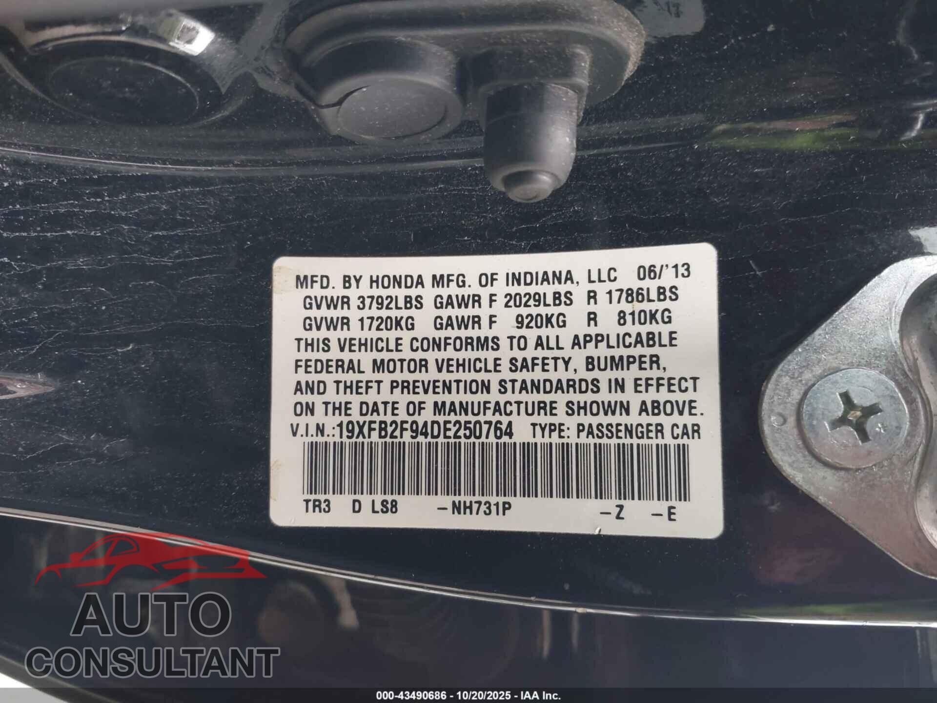HONDA CIVIC 2013 - 19XFB2F94DE250764