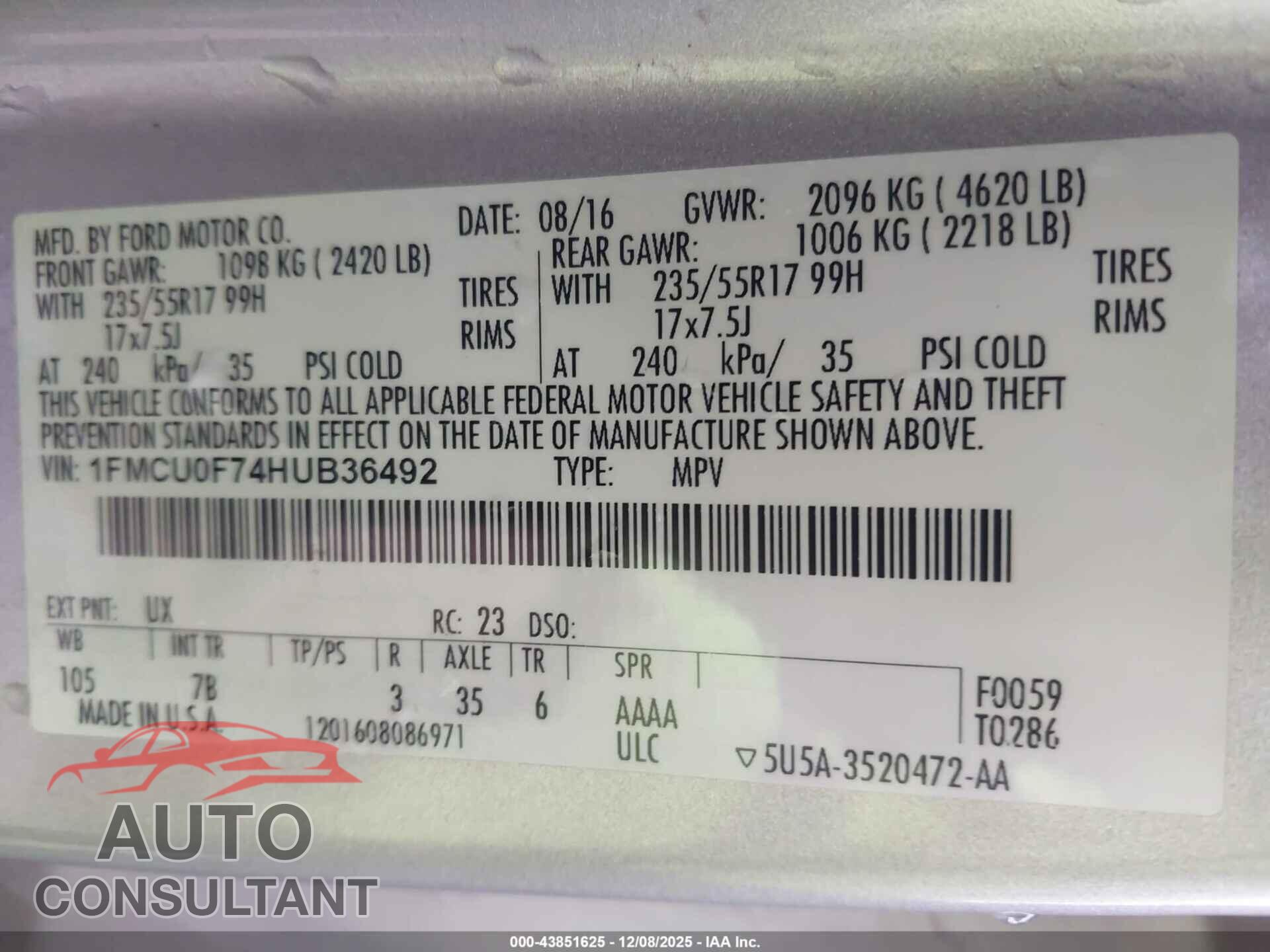 FORD ESCAPE 2017 - 1FMCU0F74HUB36492