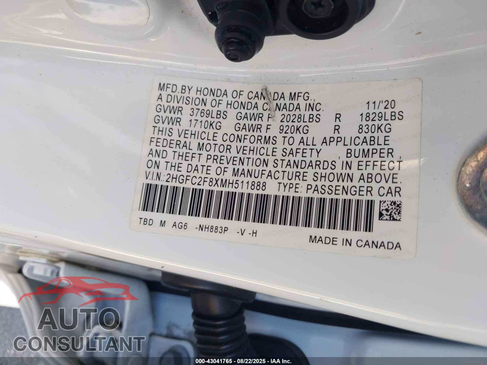 HONDA CIVIC 2021 - 2HGFC2F8XMH511888