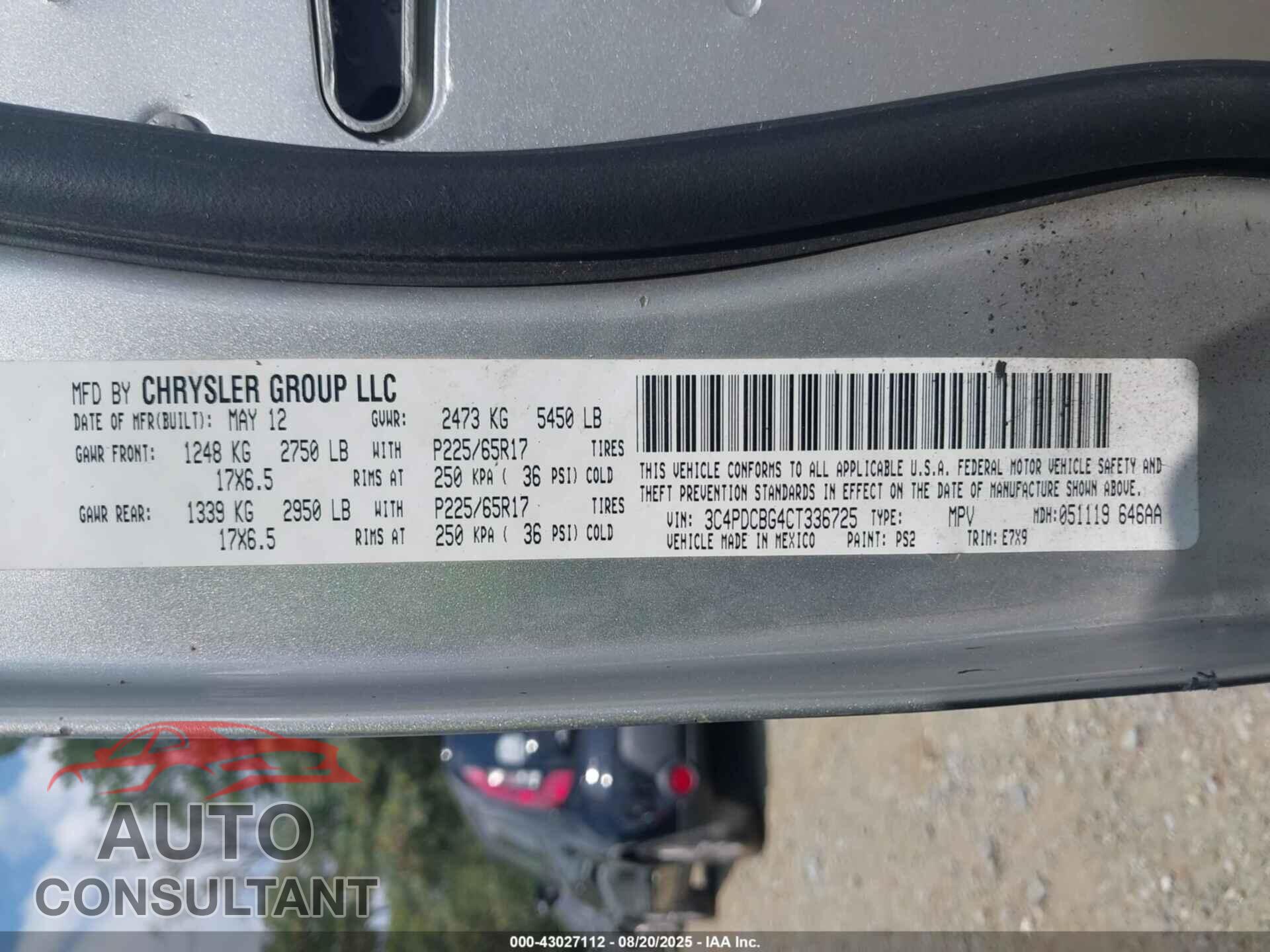 DODGE JOURNEY 2012 - 3C4PDCBG4CT336725
