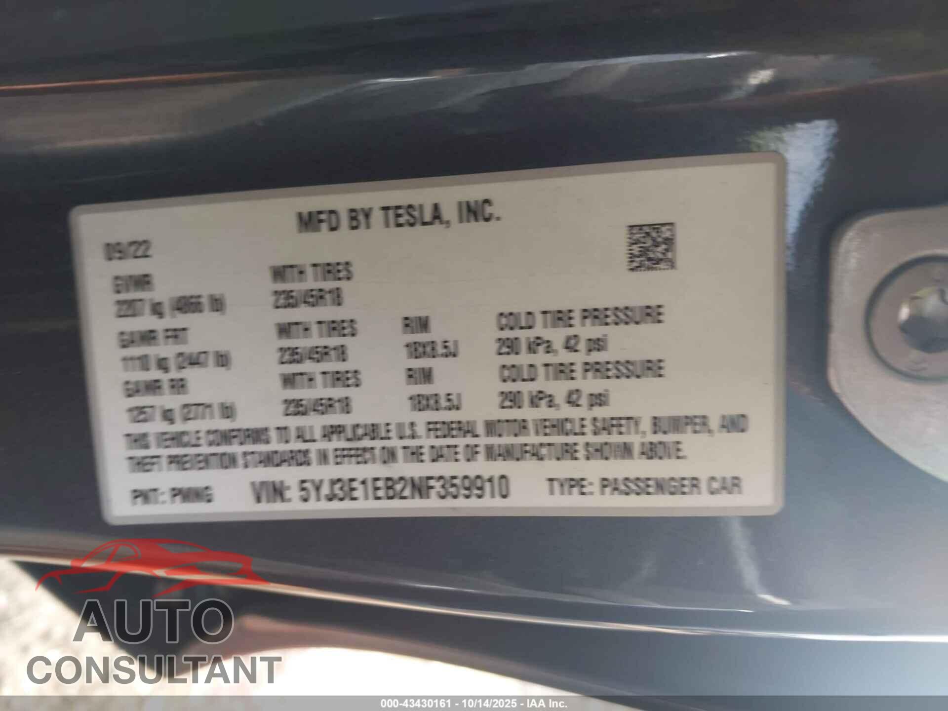TESLA MODEL 3 2022 - 5YJ3E1EB2NF359910