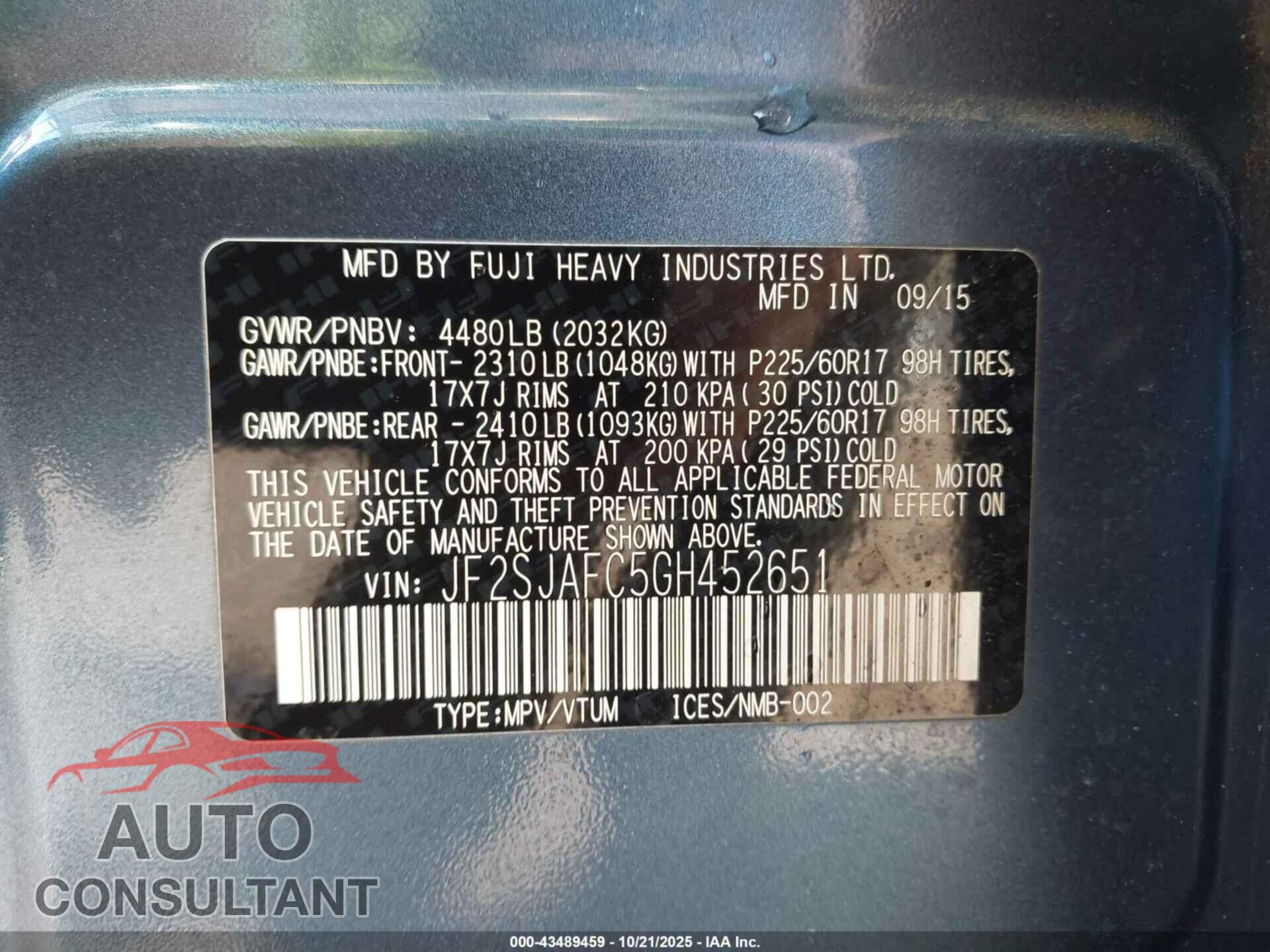 SUBARU FORESTER 2016 - JF2SJAFC5GH452651