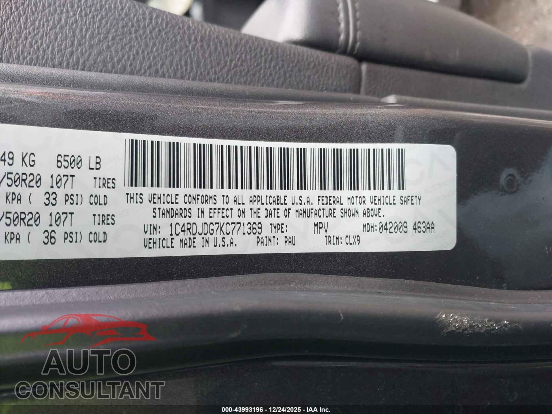 DODGE DURANGO 2019 - 1C4RDJDG7KC771369