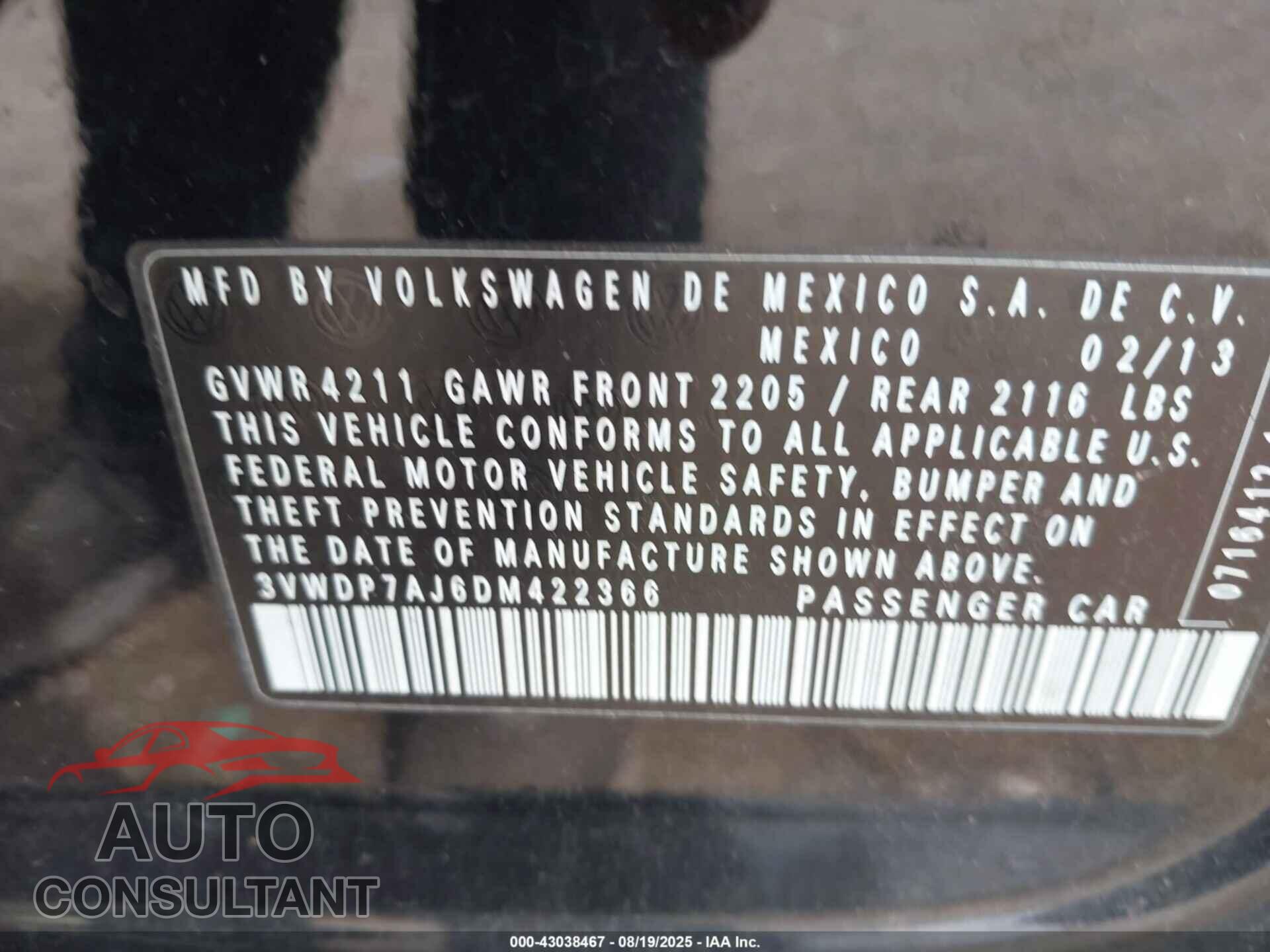 VOLKSWAGEN JETTA 2013 - 3VWDP7AJ6DM422366