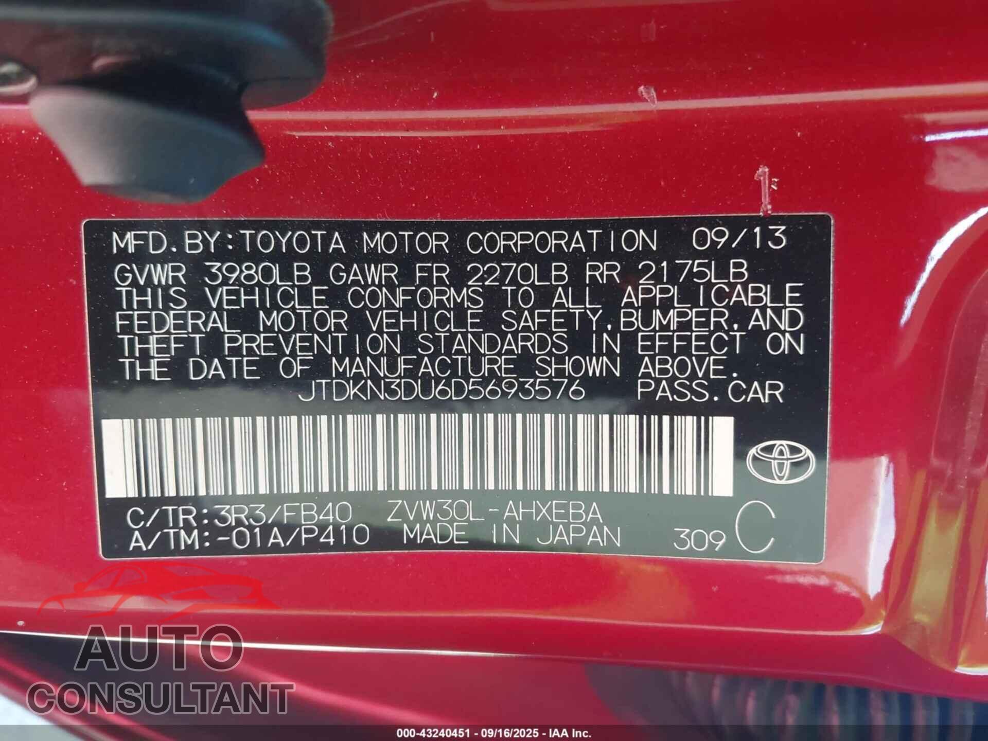 TOYOTA PRIUS 2013 - JTDKN3DU6D5693576