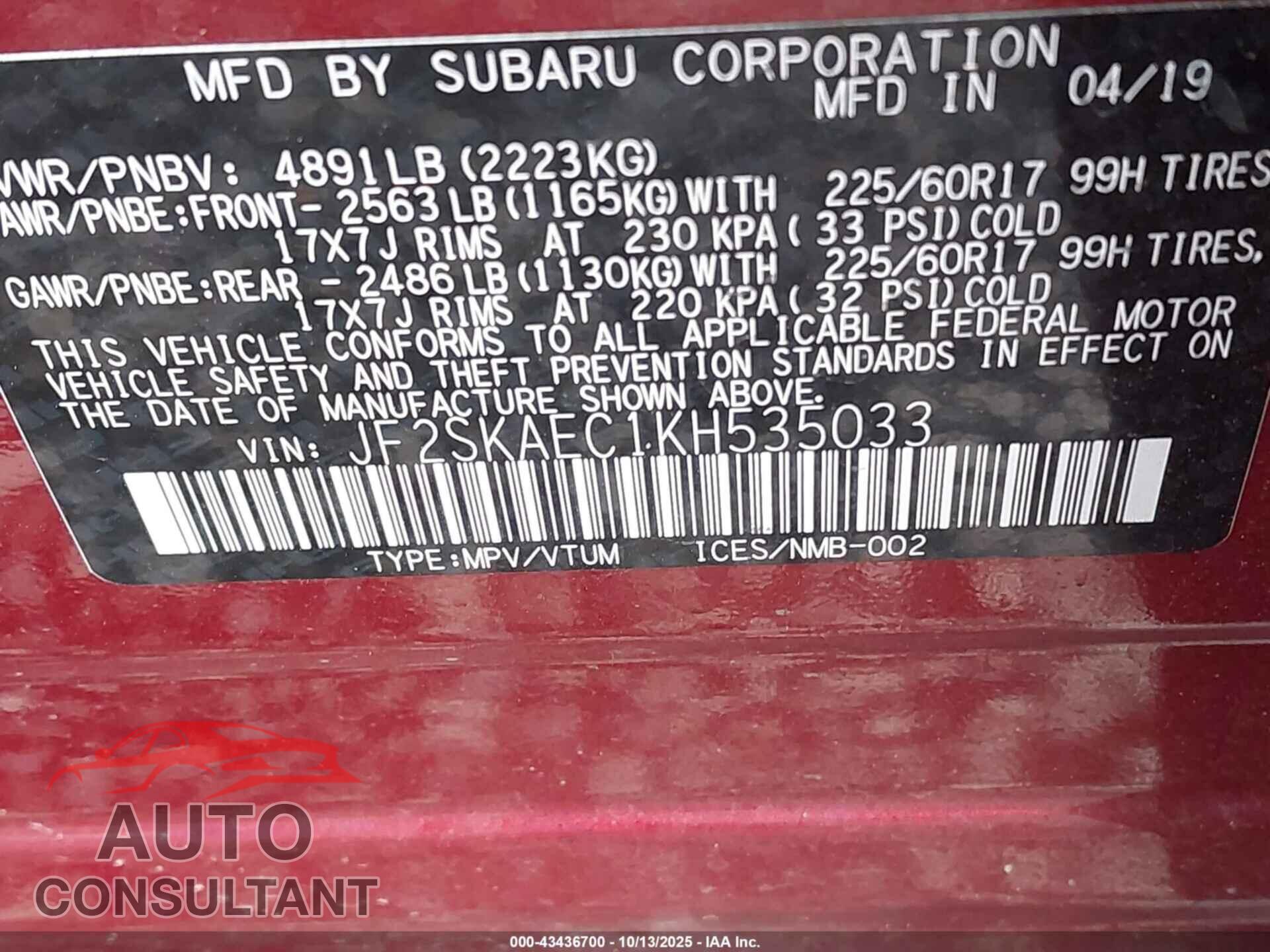 SUBARU FORESTER 2019 - JF2SKAEC1KH535033