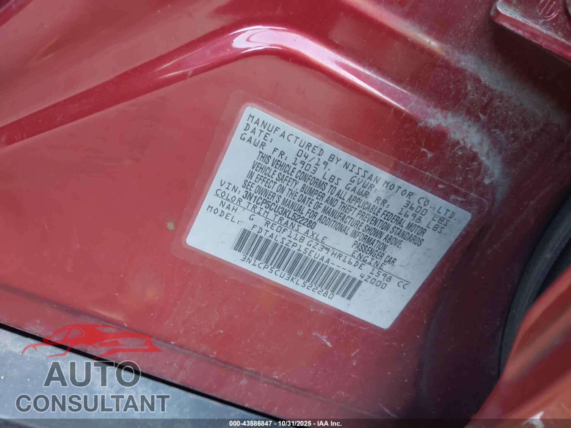 NISSAN KICKS 2019 - 3N1CP5CU3KL522280