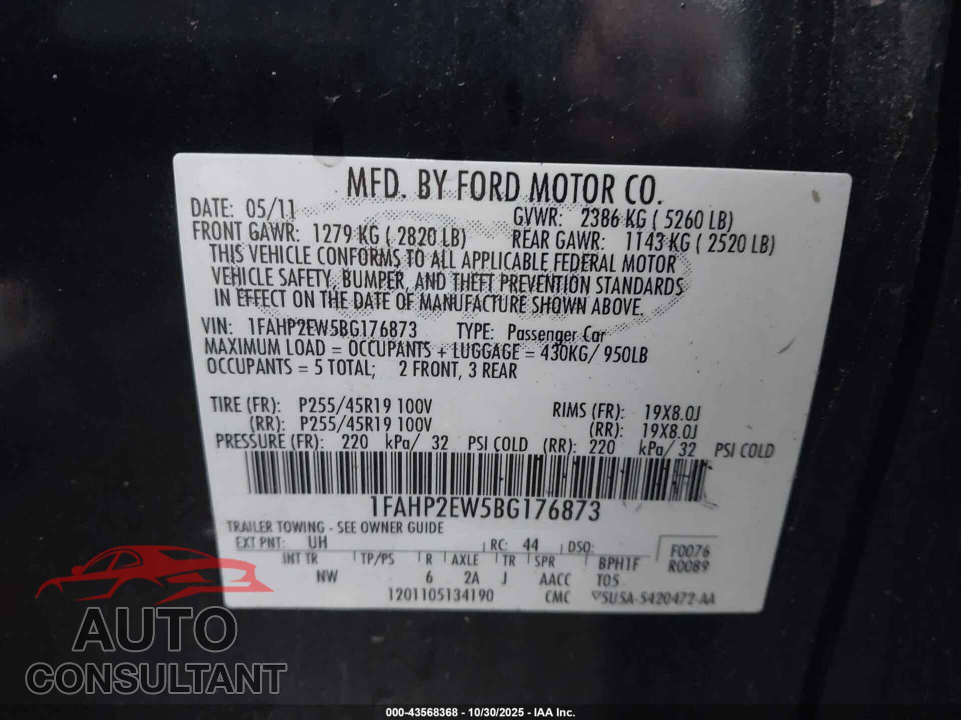 FORD TAURUS 2011 - 1FAHP2EW5BG176873