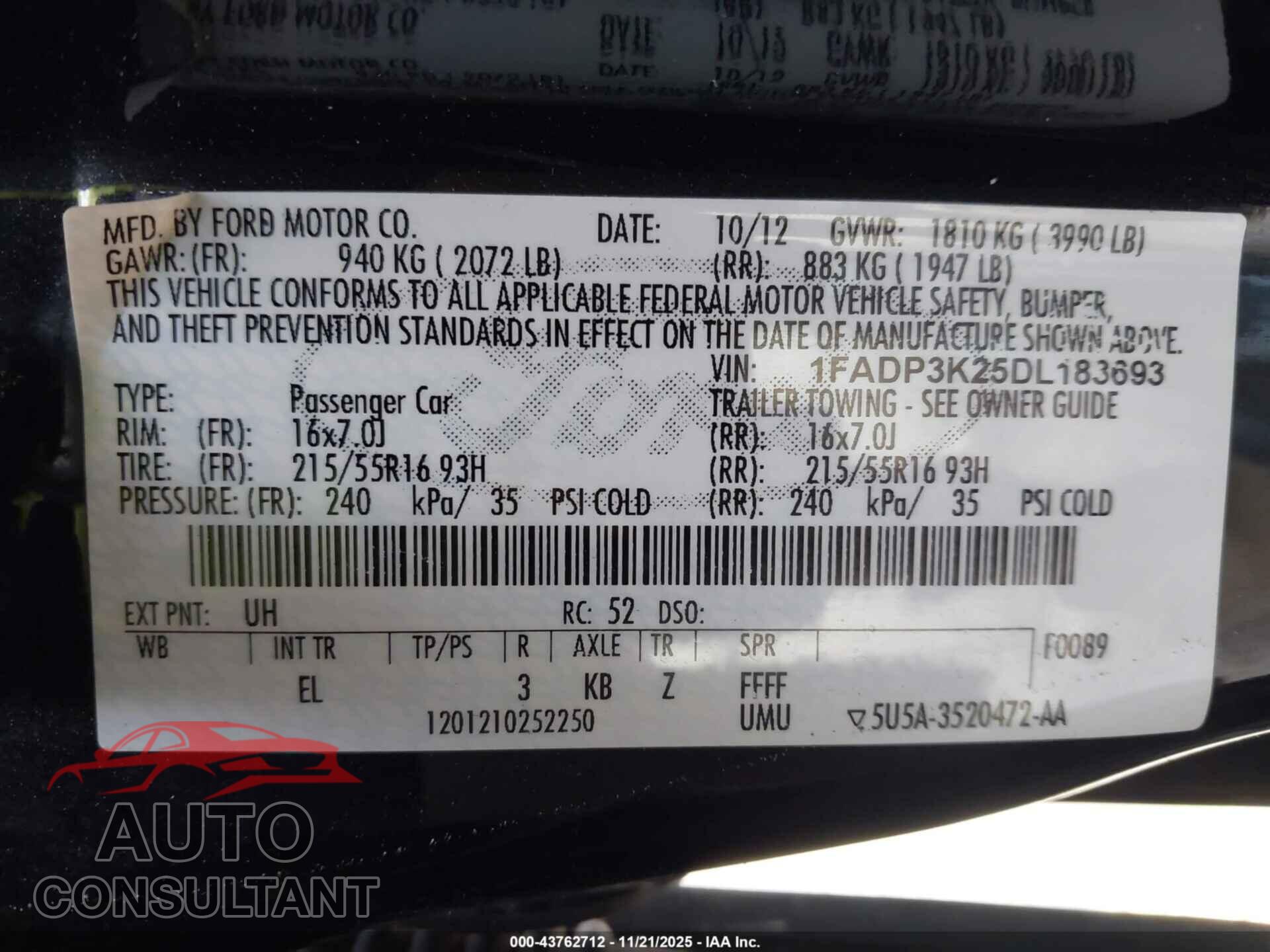 FORD FOCUS 2013 - 1FADP3K25DL183693