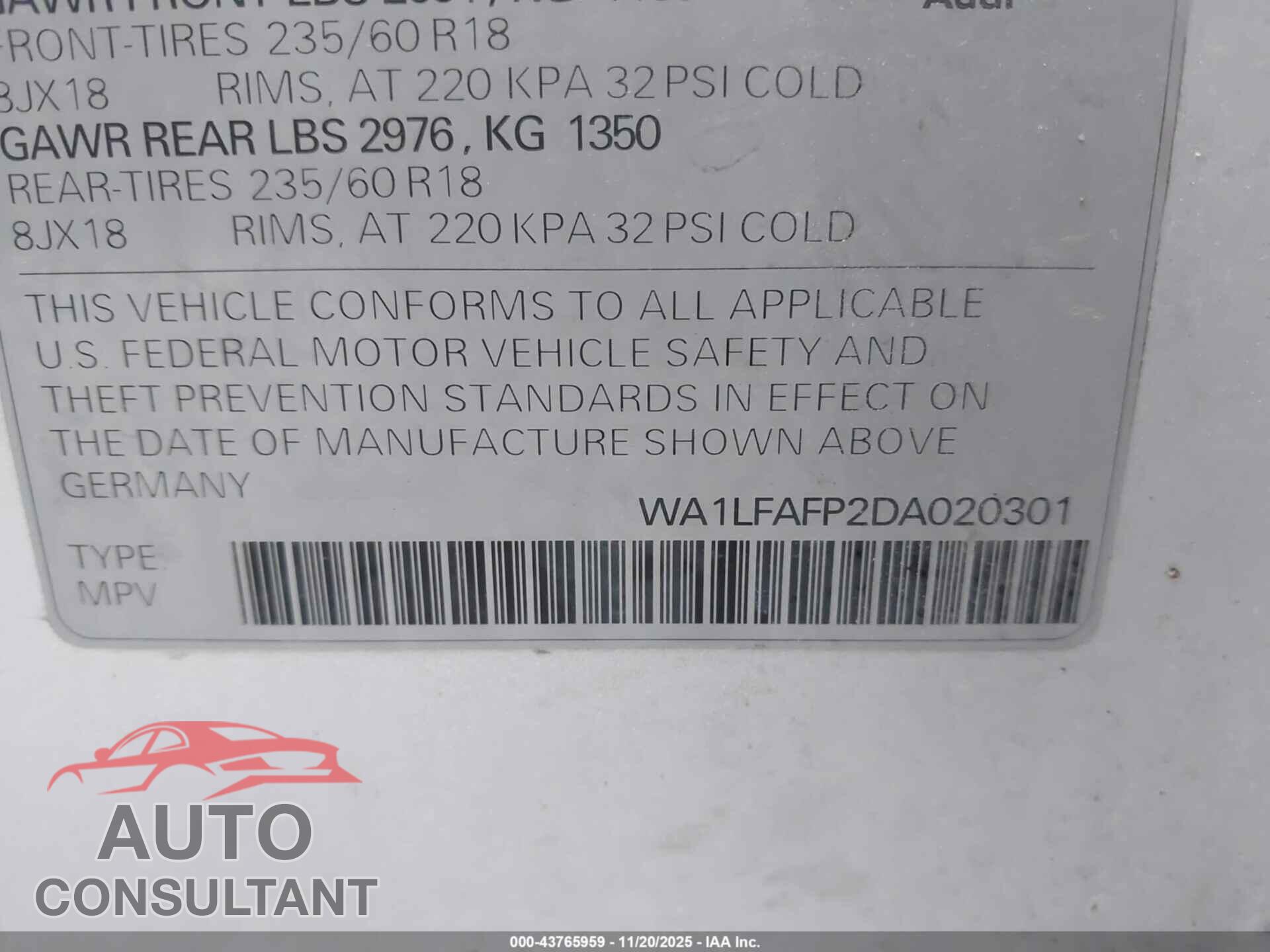 AUDI Q5 2013 - WA1LFAFP2DA020301