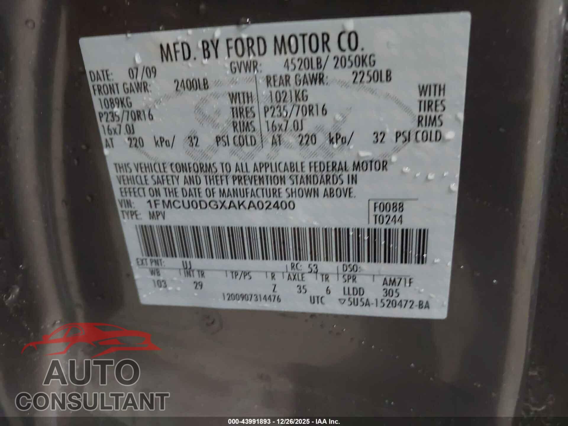 FORD ESCAPE 2010 - 1FMCU0DGXAKA02400