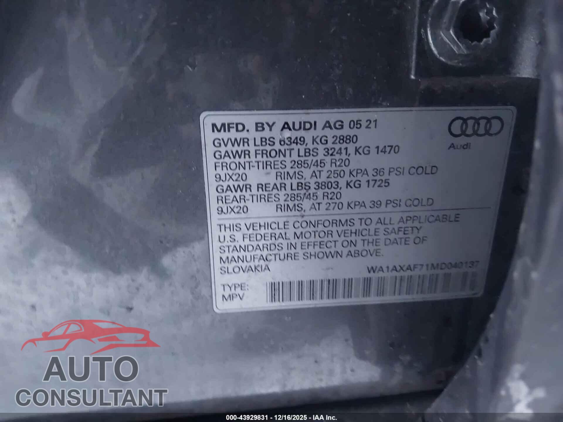 AUDI Q7 2021 - WA1AXAF71MD040137