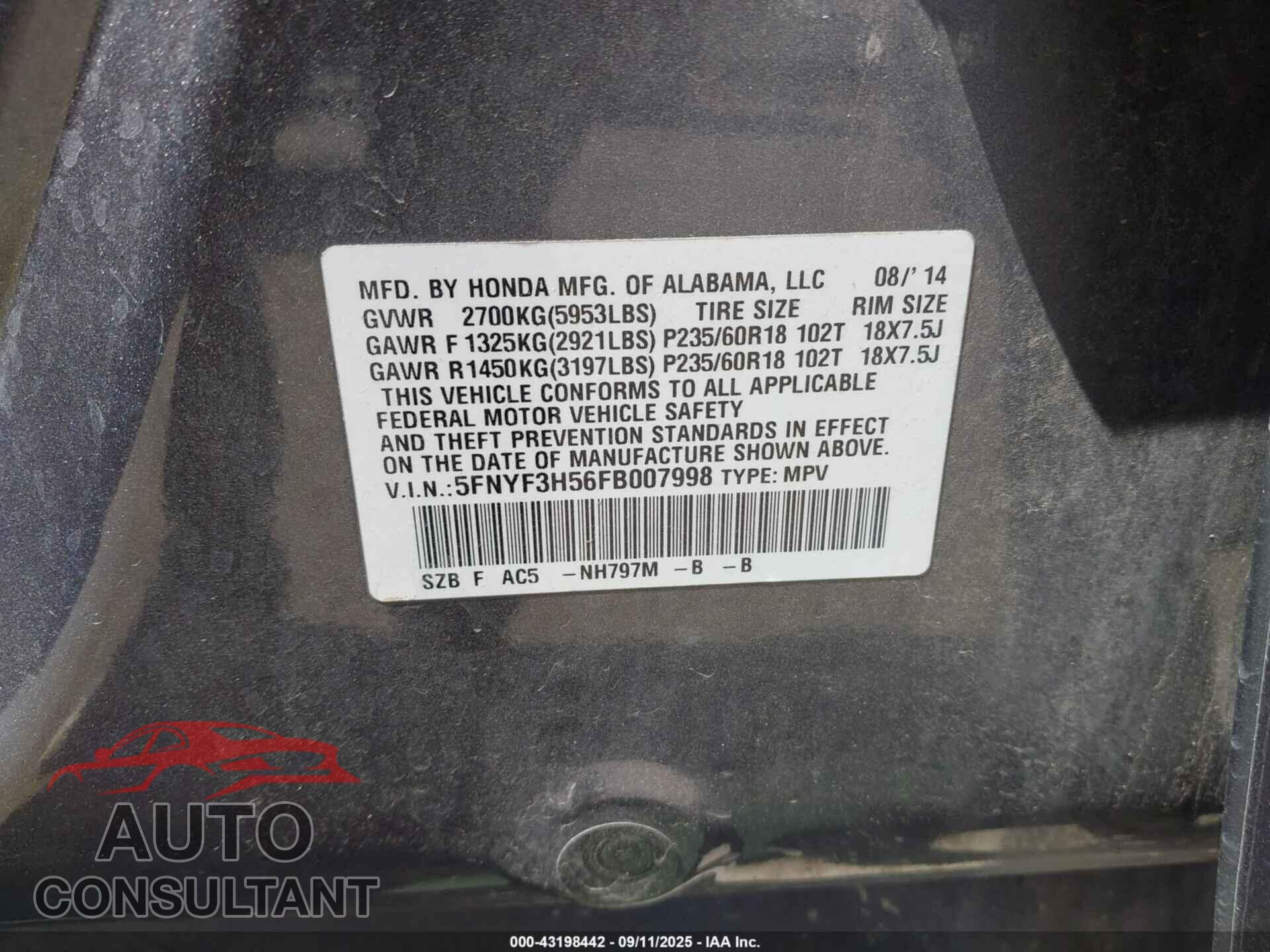 HONDA PILOT 2015 - 5FNYF3H56FB007998