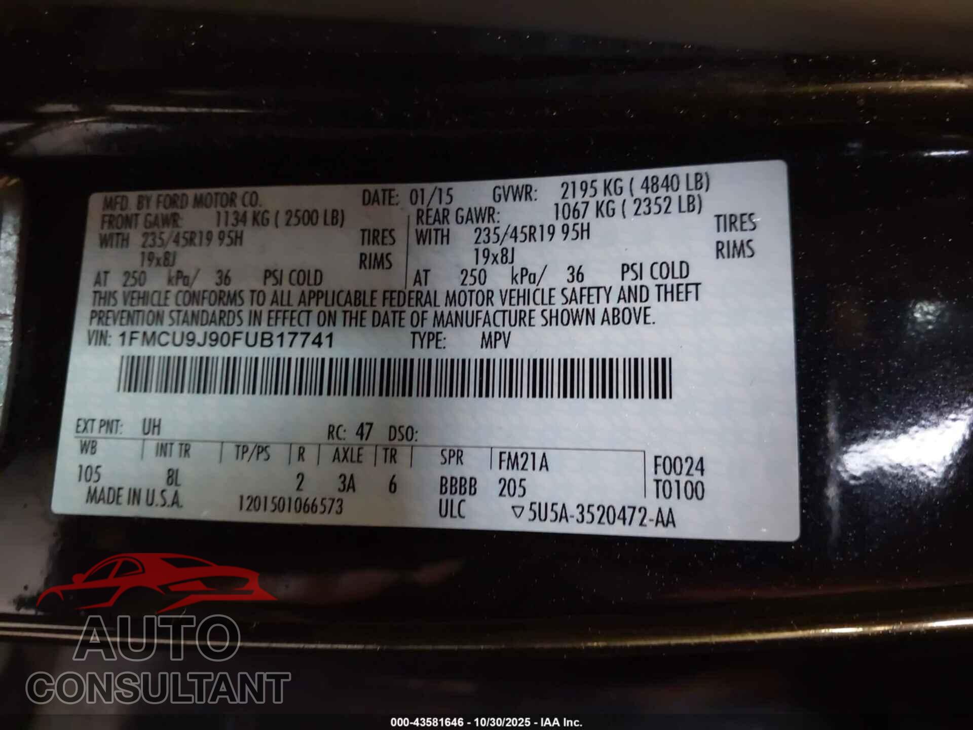 FORD ESCAPE 2015 - 1FMCU9J90FUB17741