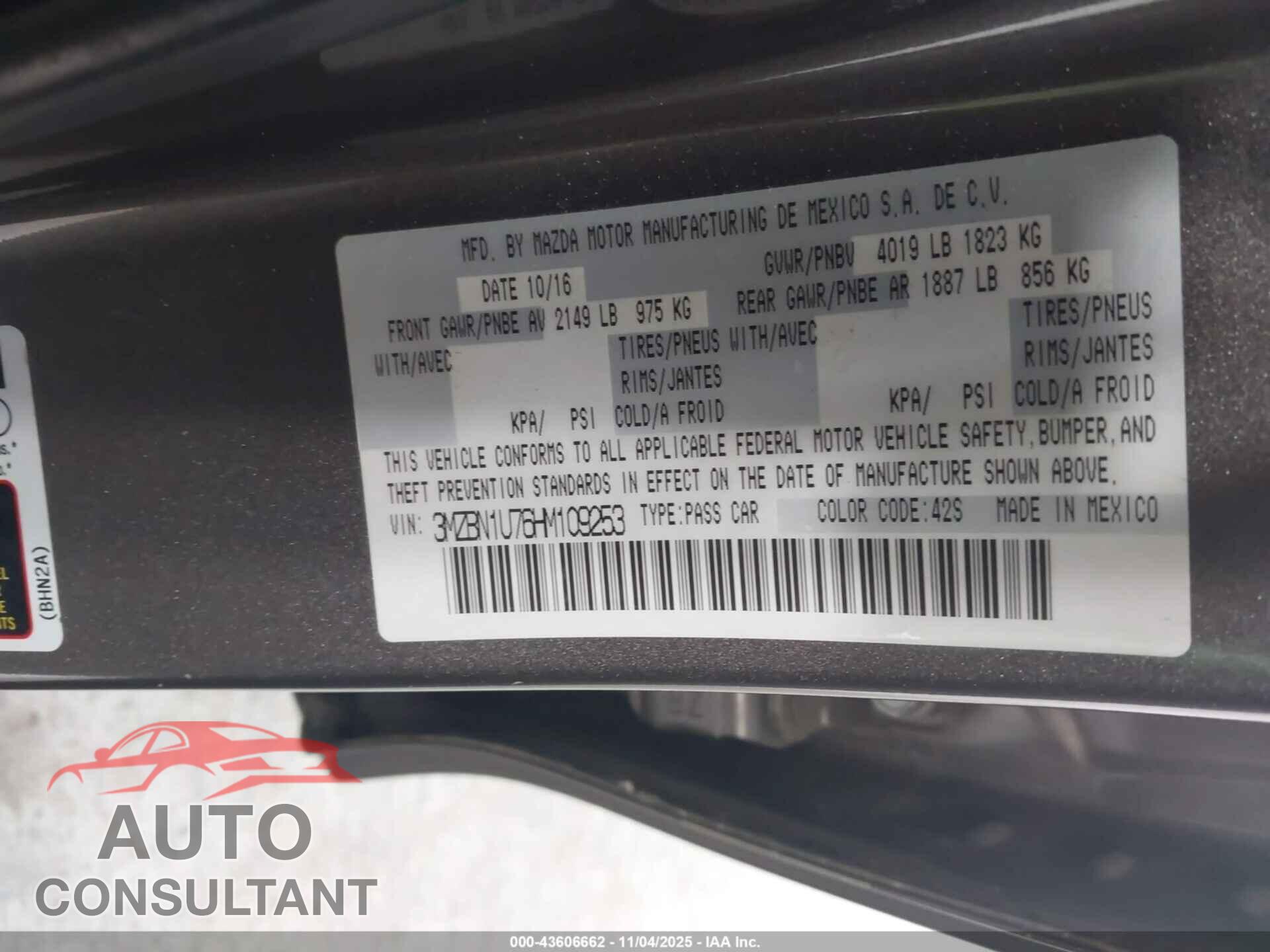MAZDA MAZDA3 2017 - 3MZBN1U76HM109253